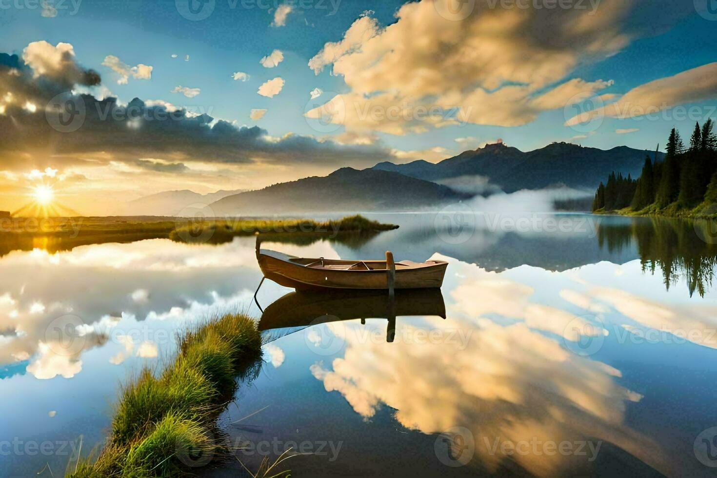 the boat is floating on the calm lake. AI-Generated photo