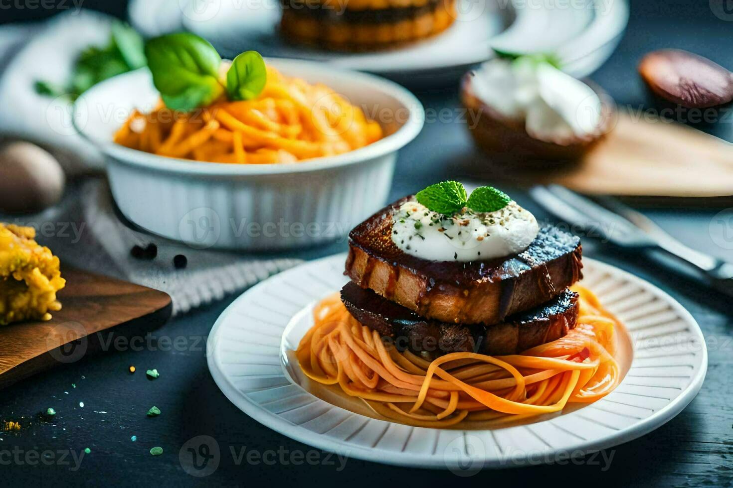 a plate of spaghetti with meat and vegetables. AI-Generated photo