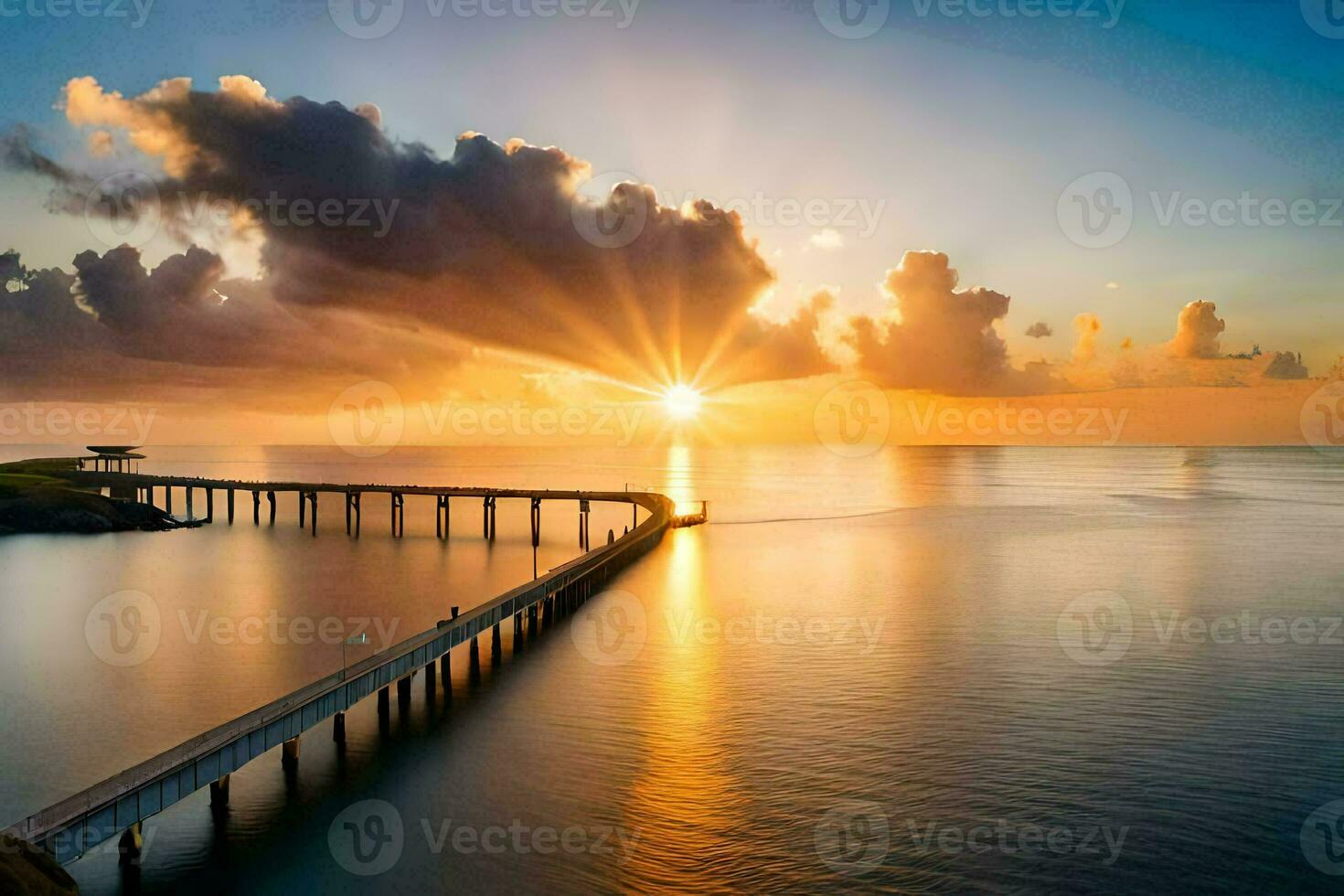 the sun rises over a pier in the ocean. AI-Generated photo