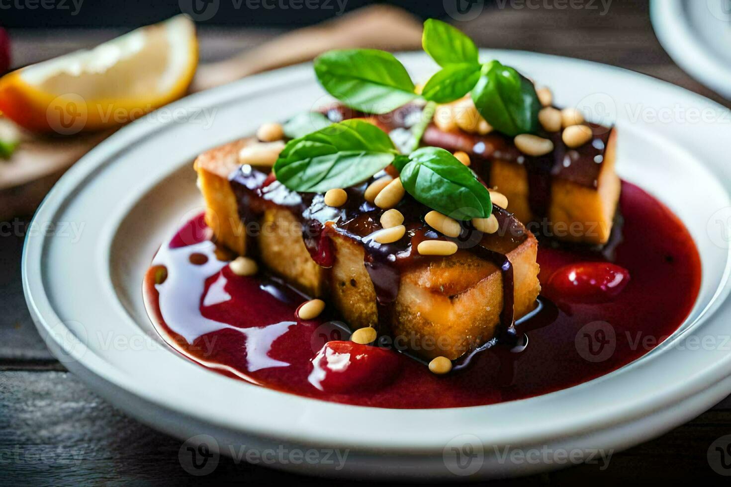 a plate with a slice of bread and sauce. AI-Generated photo
