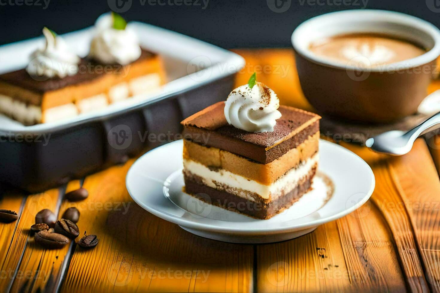 a slice of cake with whipped cream and coffee beans. AI-Generated photo