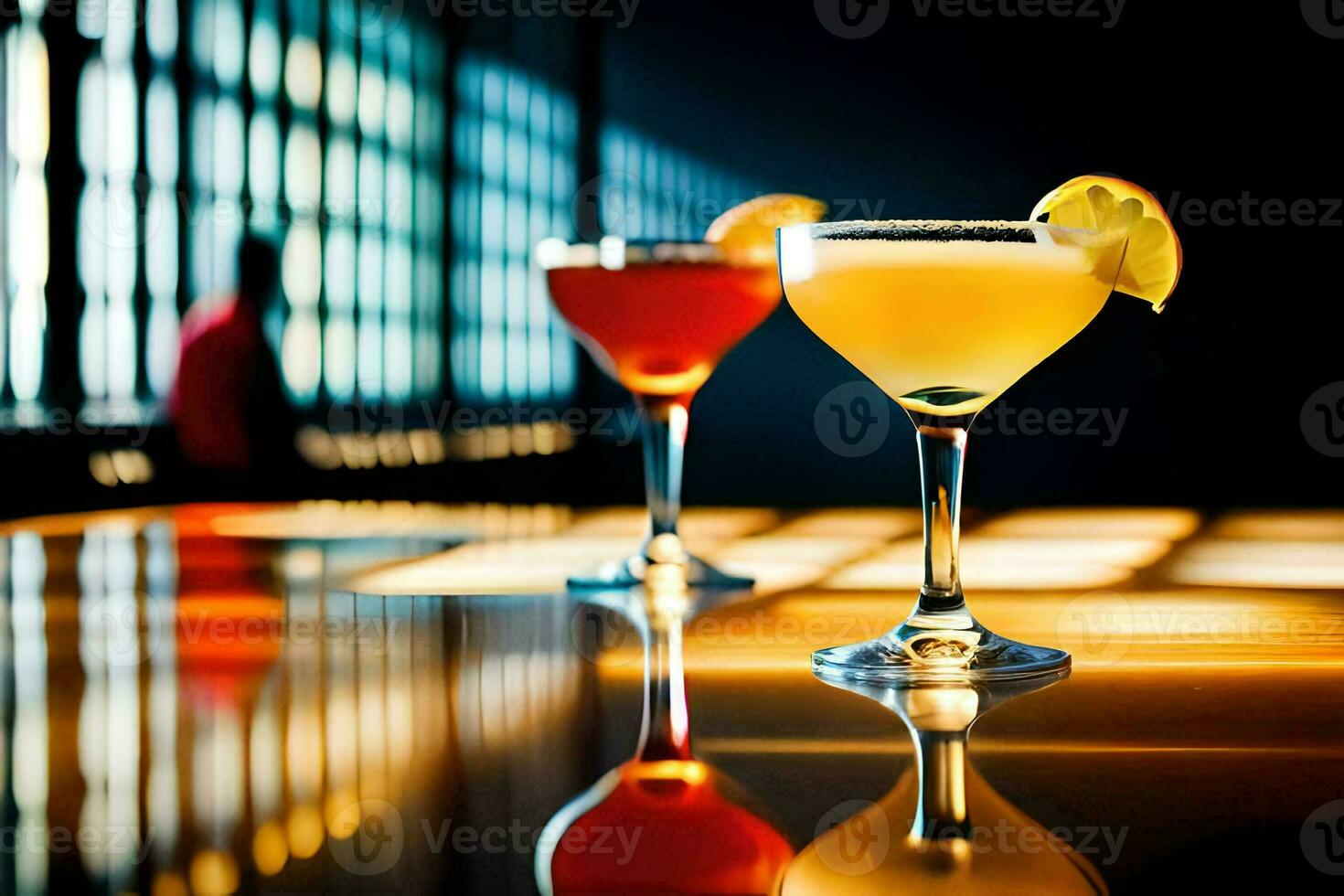 two cocktails sit on a bar counter. AI-Generated photo