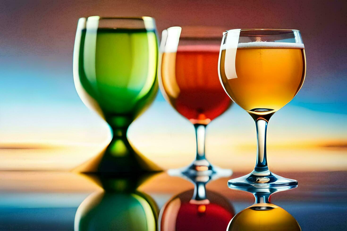 Tres lentes de diferente de colores bebidas son mostrado en un mesa. generado por ai foto