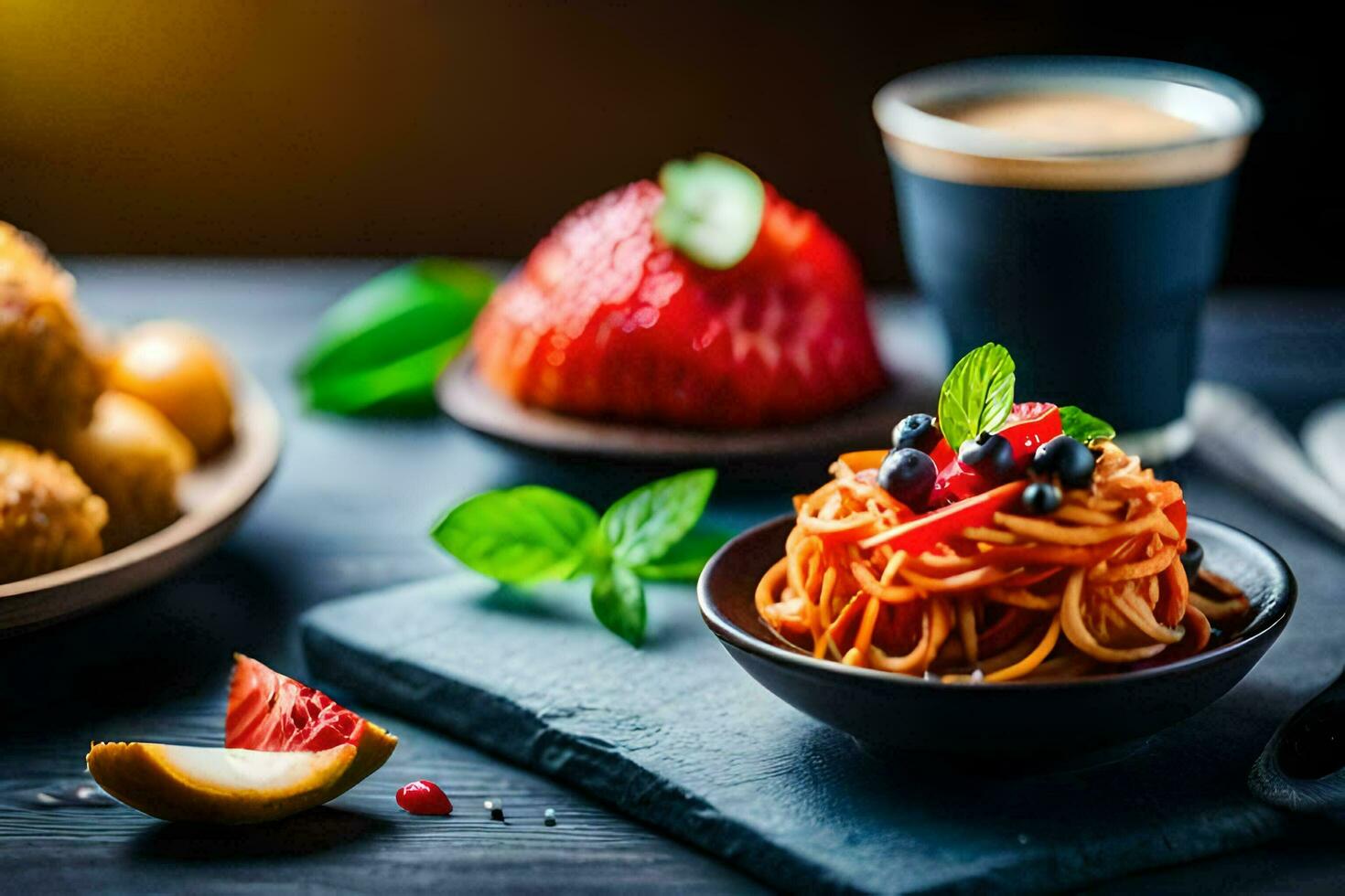 spaghetti with tomato sauce, fresh basil and fresh berries. AI-Generated photo