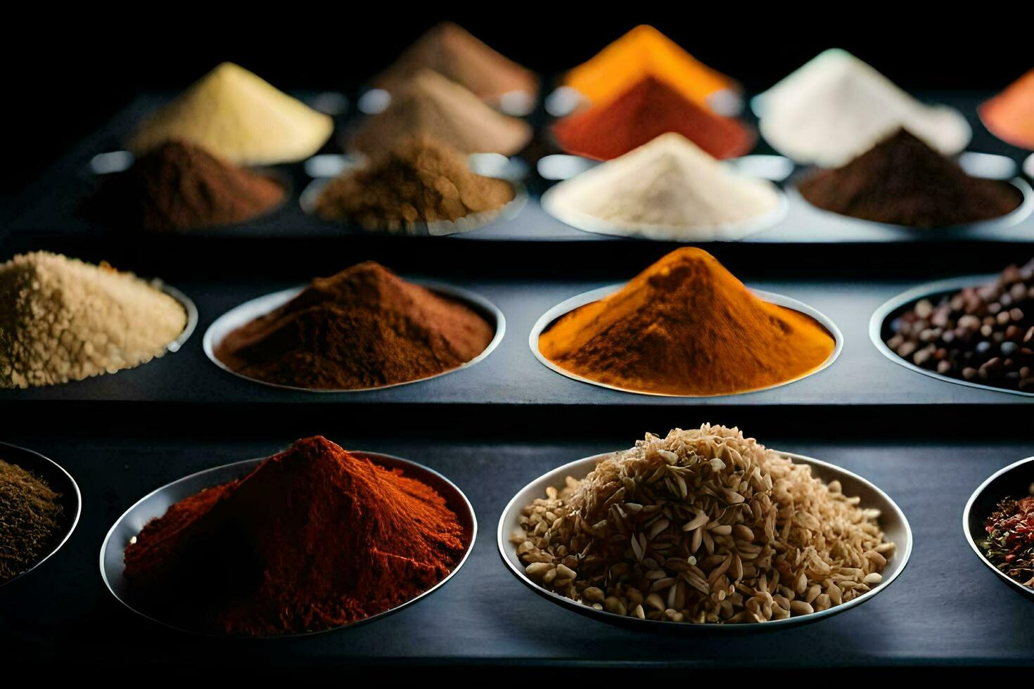 a variety of spices in bowls. AI-Generated photo