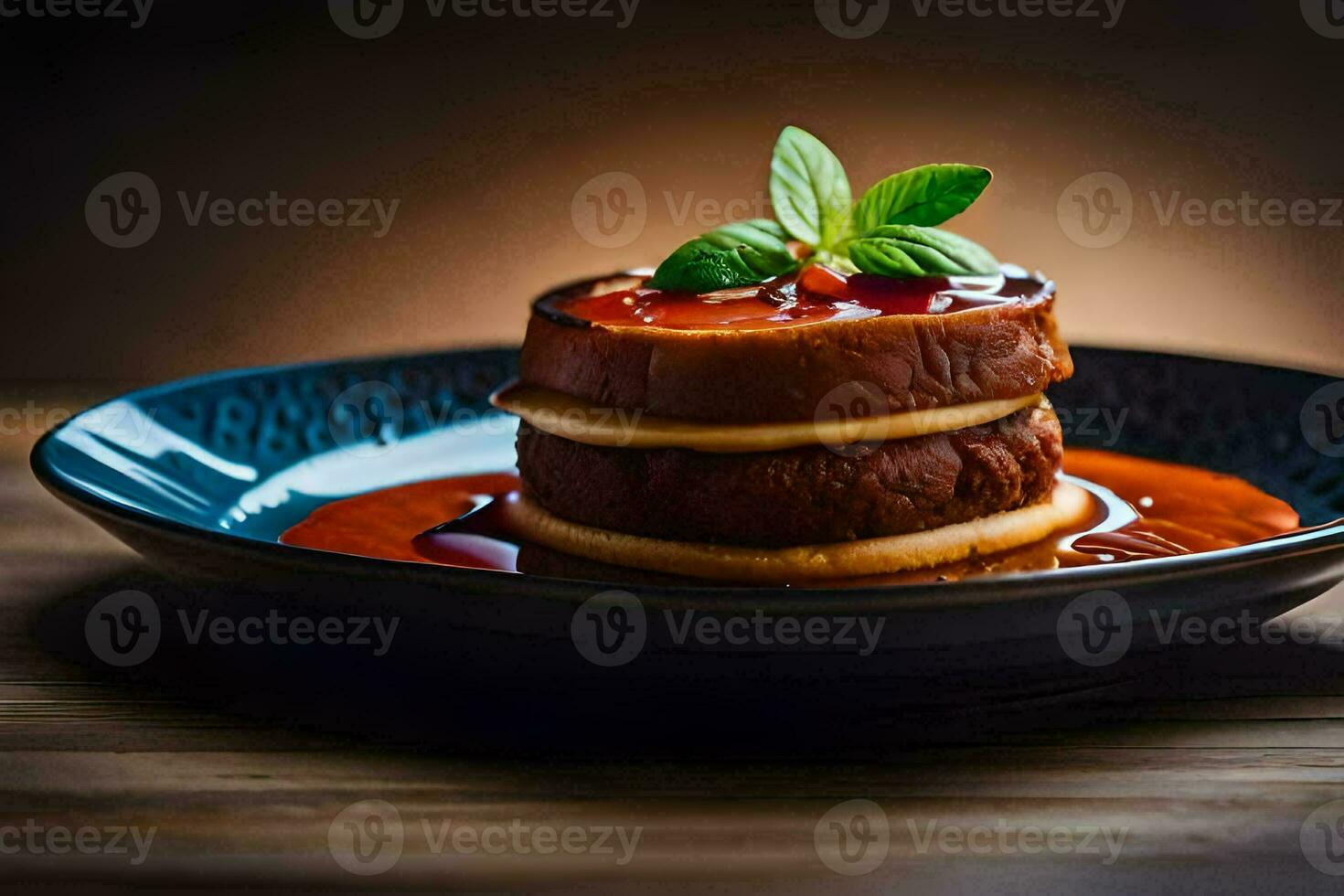a plate of food with a slice of cake on top. AI-Generated photo