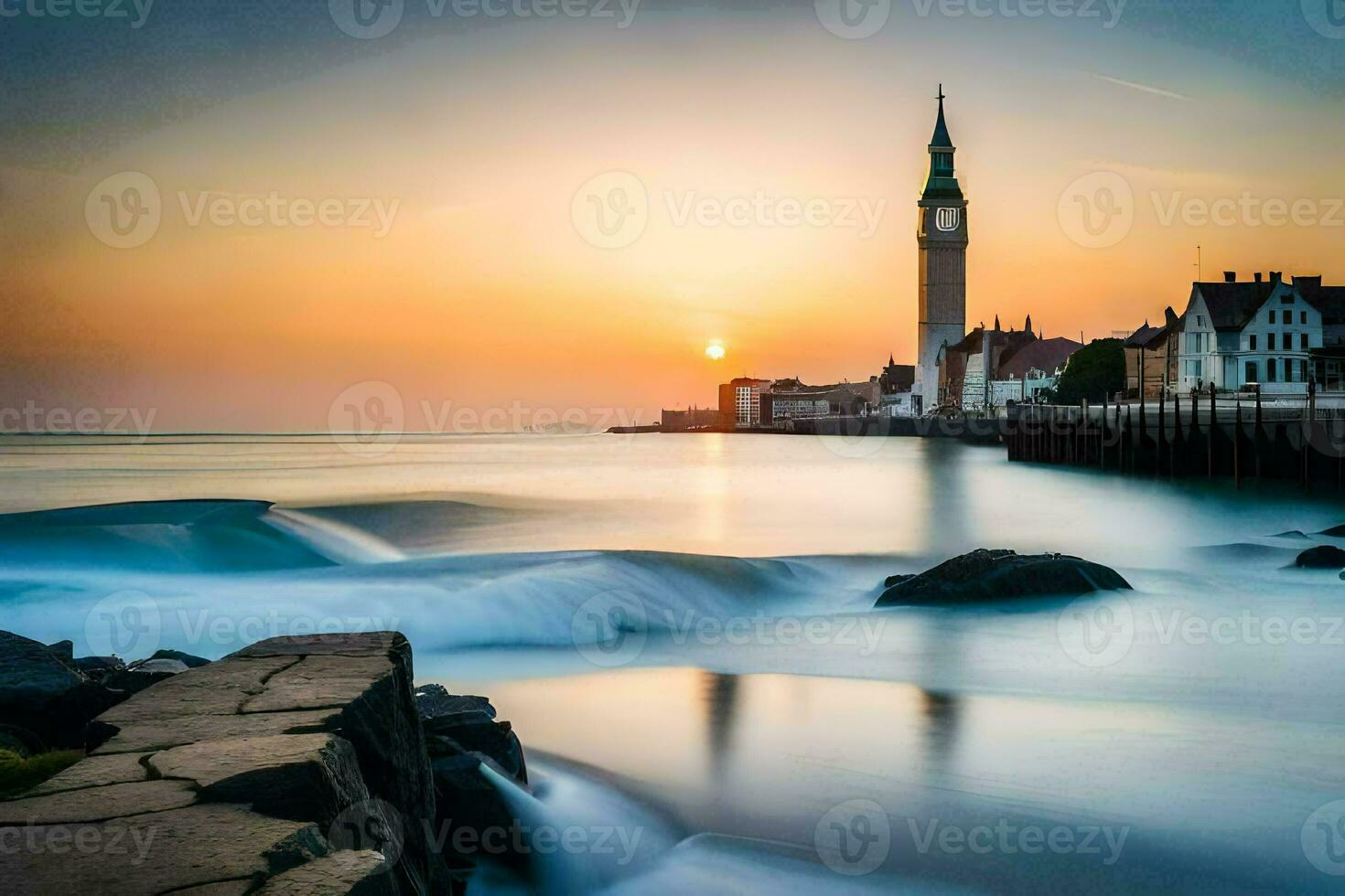 a sunset over the ocean with a clock tower in the background. AI-Generated photo