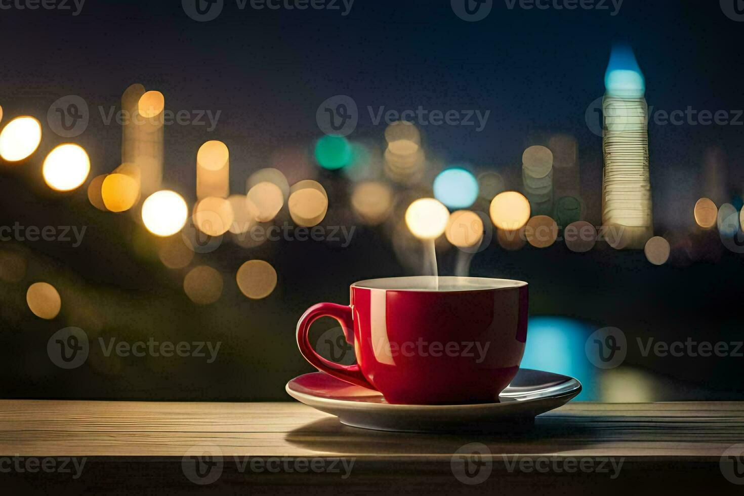 a red cup of coffee on a table with city lights in the background. AI-Generated photo