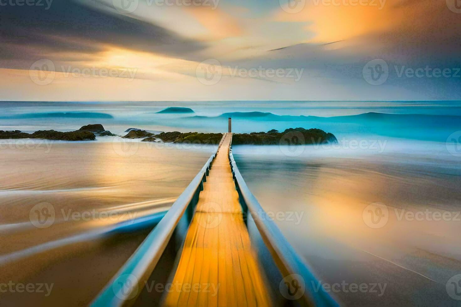 a long exposure photograph of a wooden pier in the ocean. AI-Generated photo
