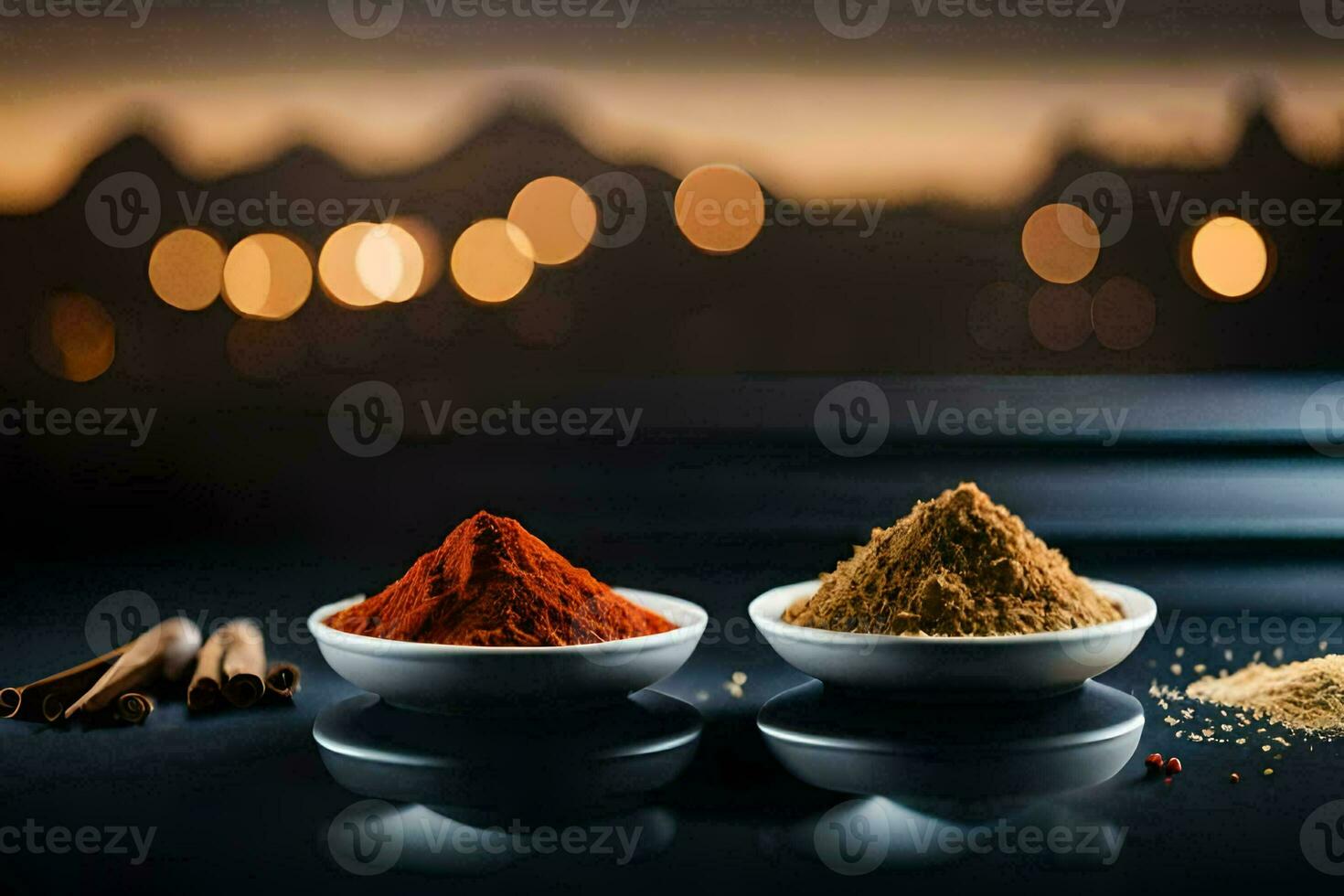spices in bowls on a table with a city skyline in the background. AI-Generated photo