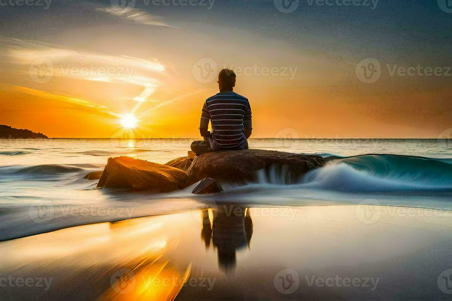 man sitting on rock at sunset. AI-Generated photo