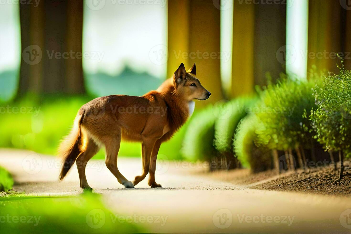 a dog walking along a path in the grass. AI-Generated photo