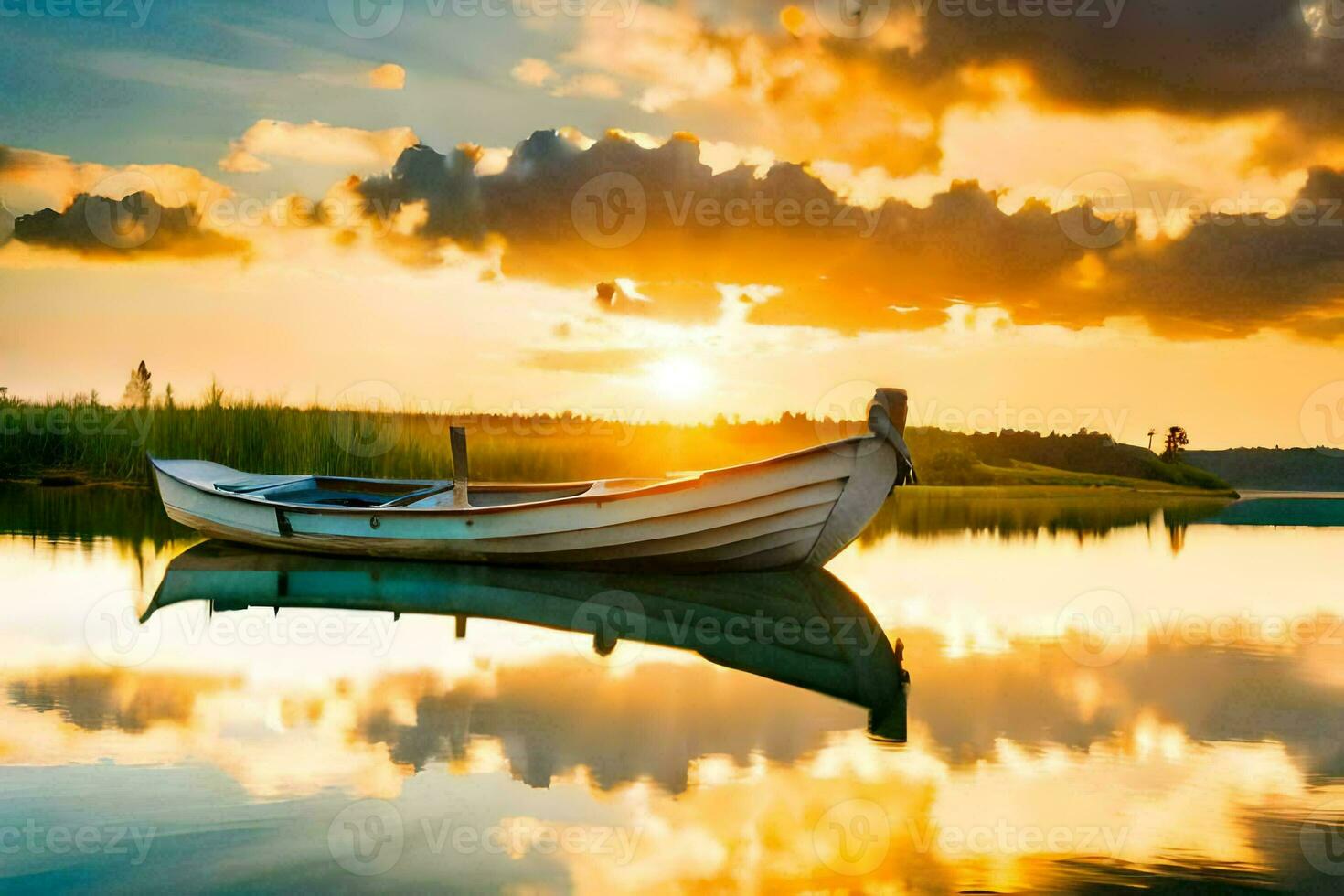 a boat is floating in the water at sunset. AI-Generated photo
