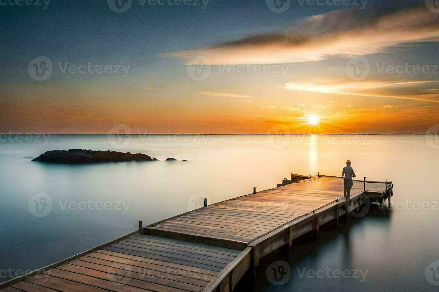 a man standing on a dock at sunset. AI-Generated photo