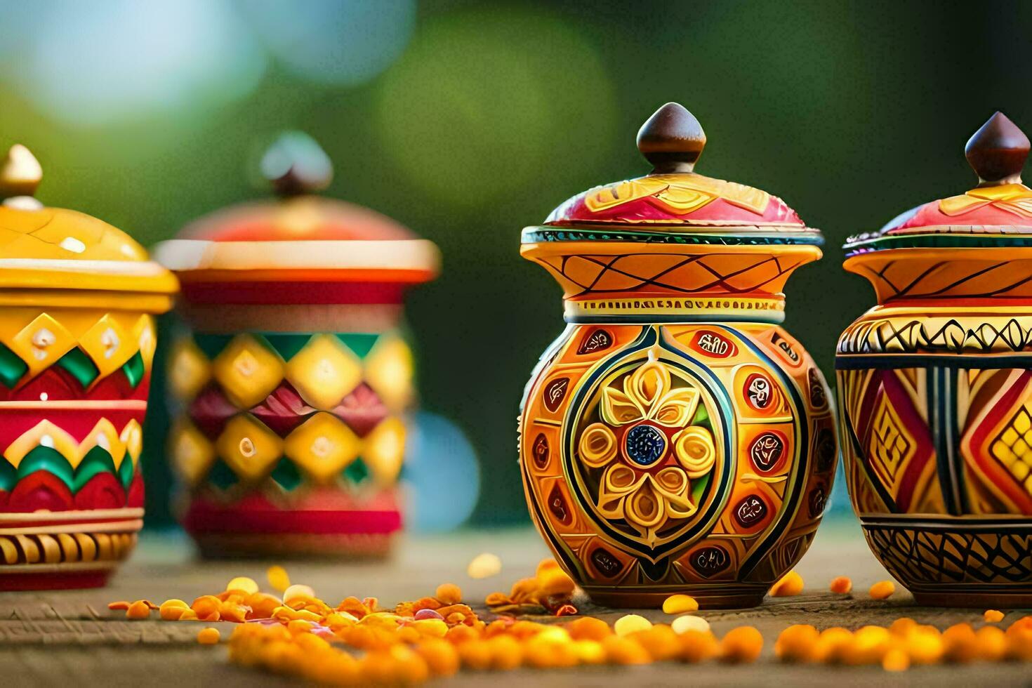colorful pots and jars with designs on them. AI-Generated photo