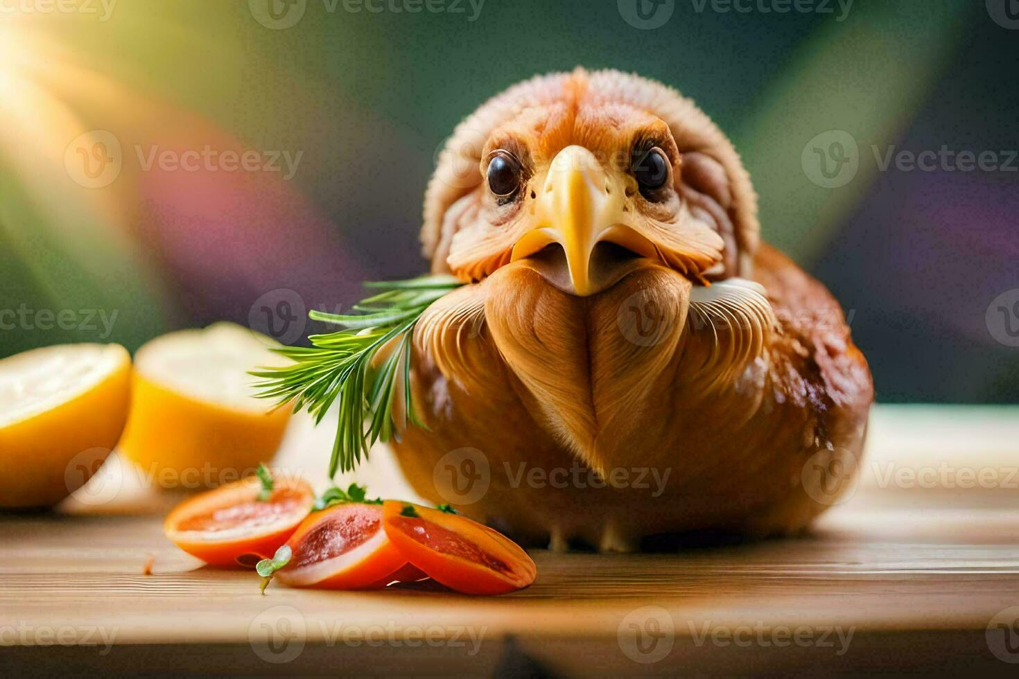 a chicken with a rosemary sprig in its beak. AI-Generated photo