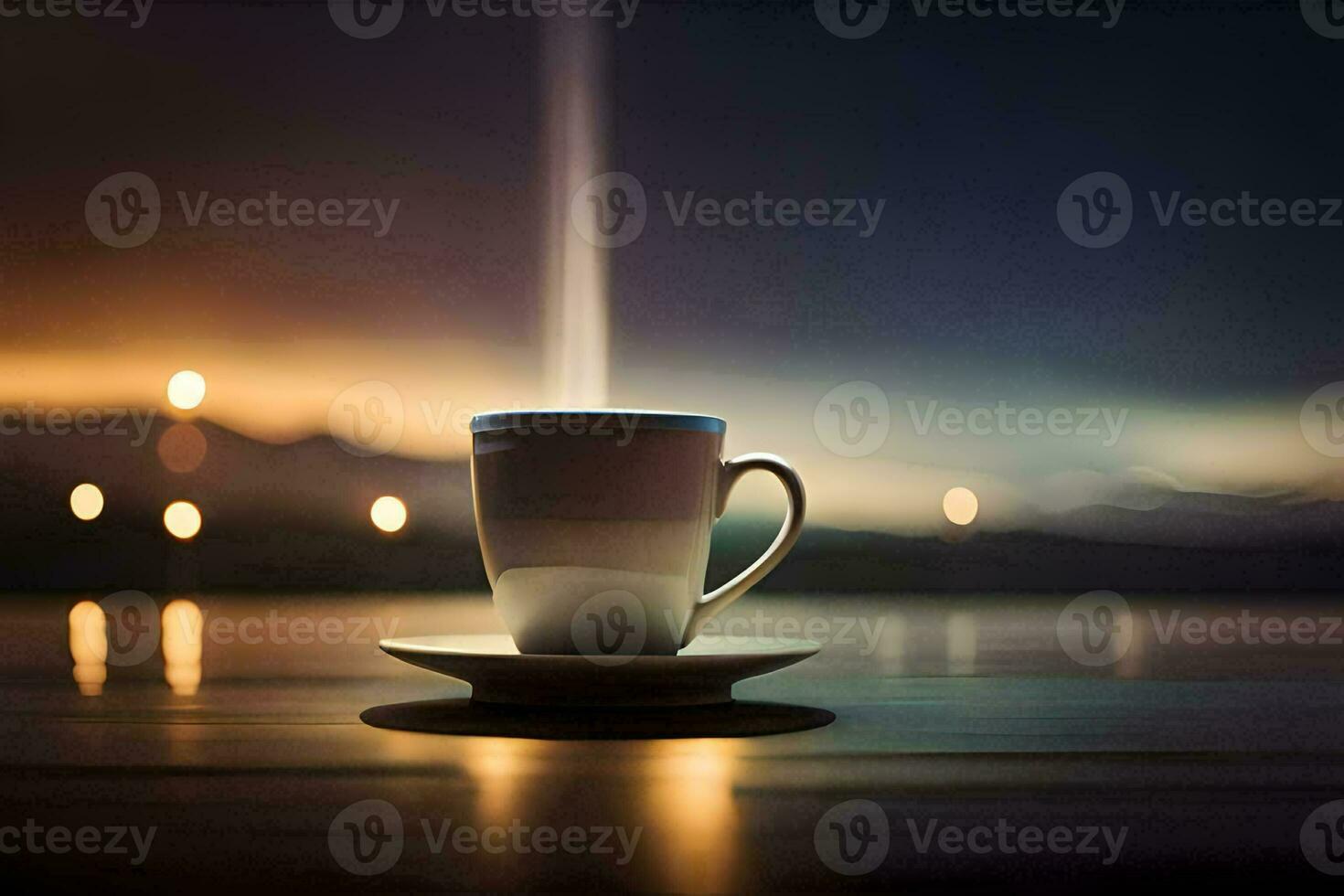 a cup of coffee on a table with a view of the city. AI-Generated photo