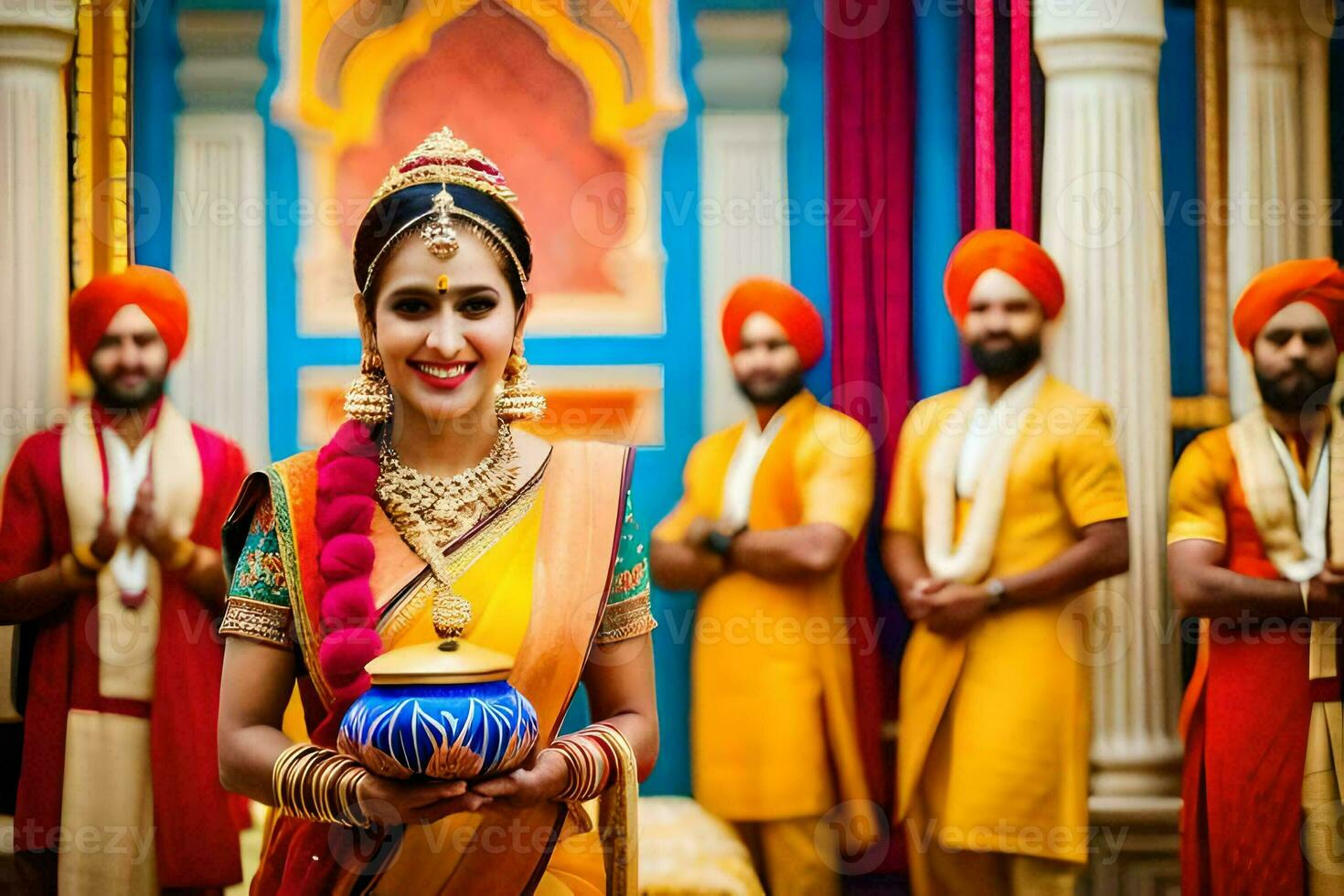 a woman in traditional indian attire holding a pot. AI-Generated photo