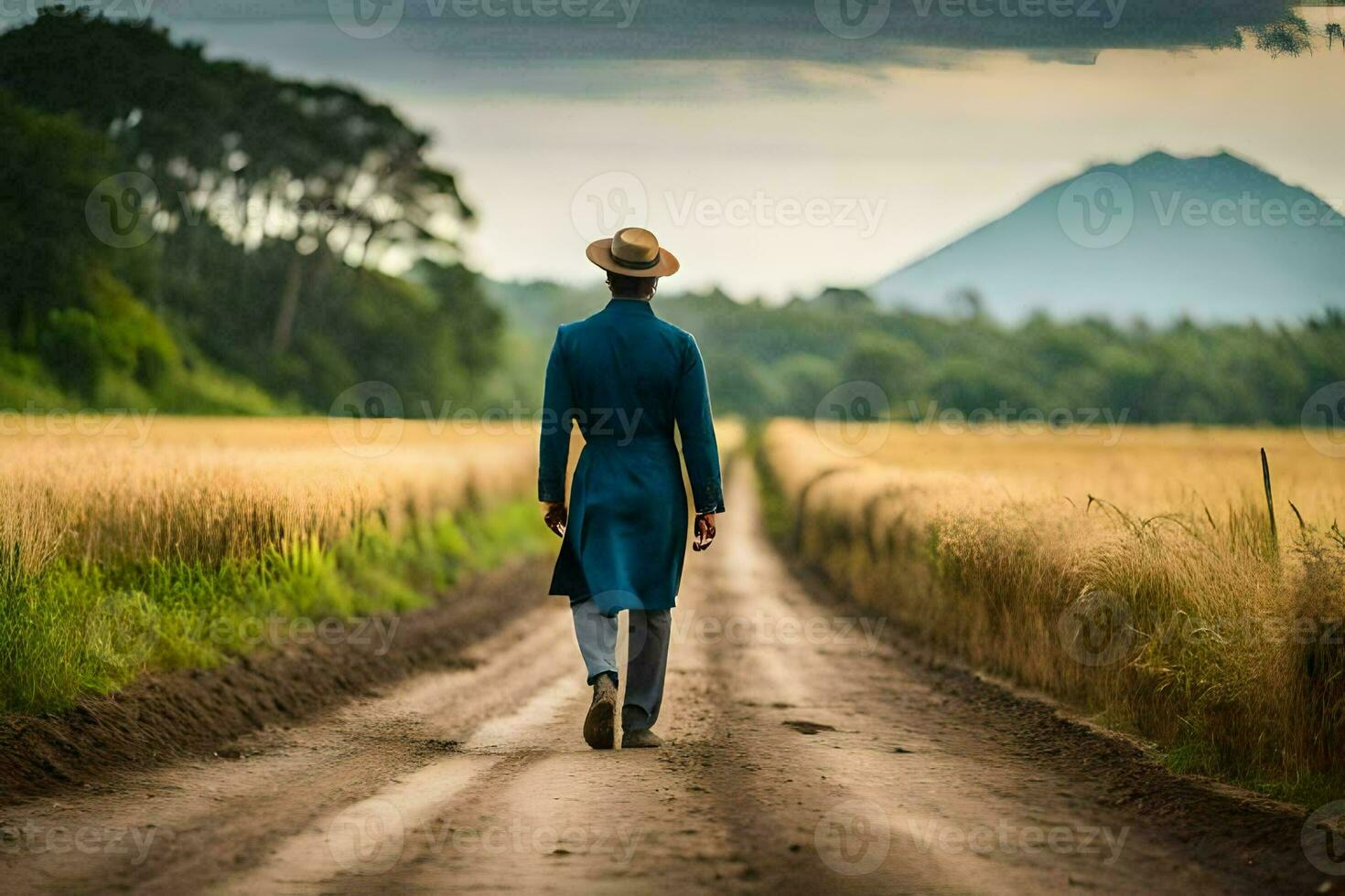 a man in a blue coat and hat walks down a dirt road. AI-Generated photo