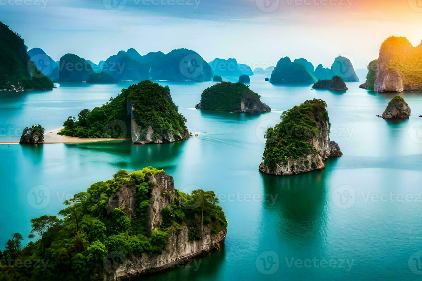 the sun sets over the water in halong bay. AI-Generated photo