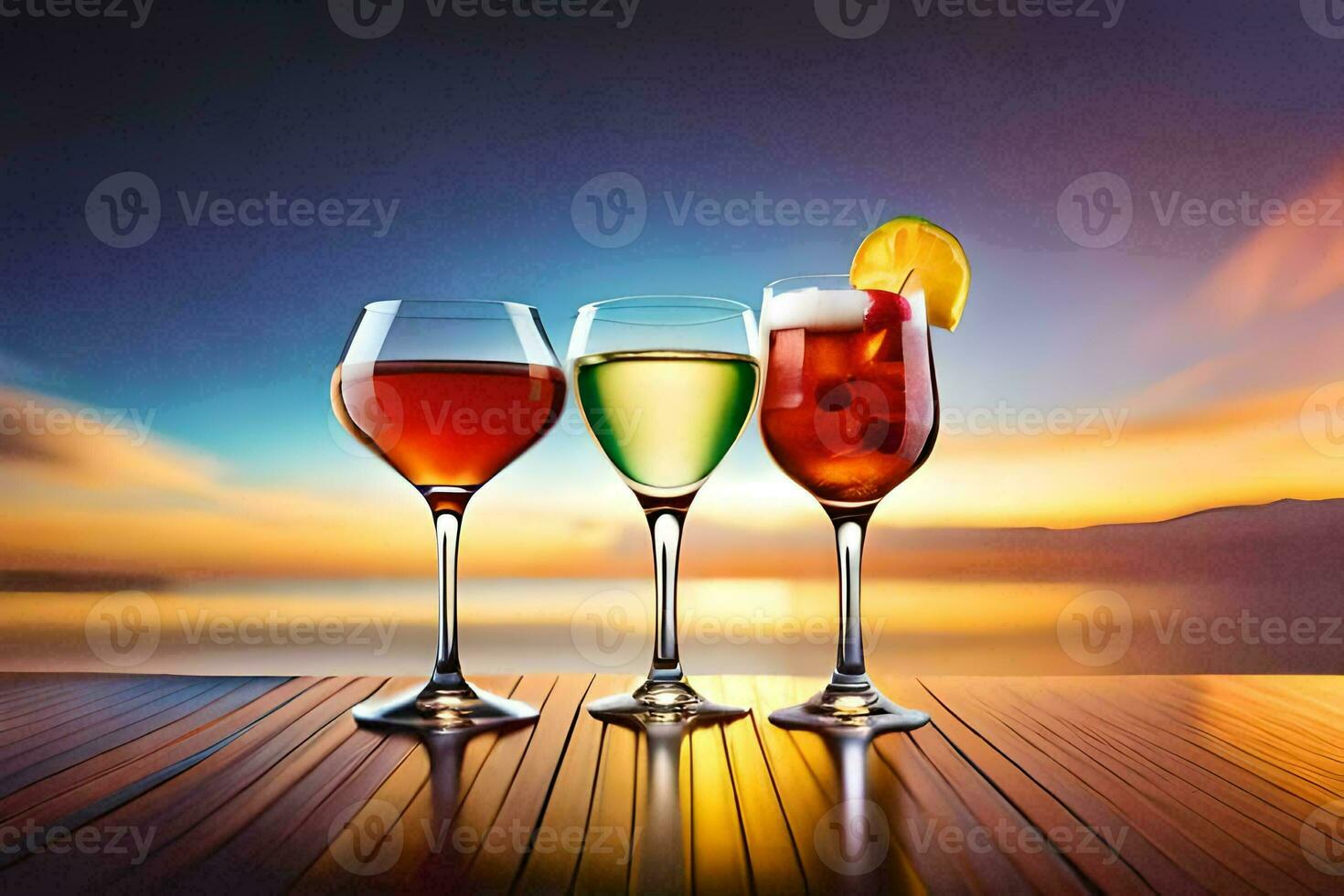 three glasses of wine on a table with sunset in the background. AI-Generated photo