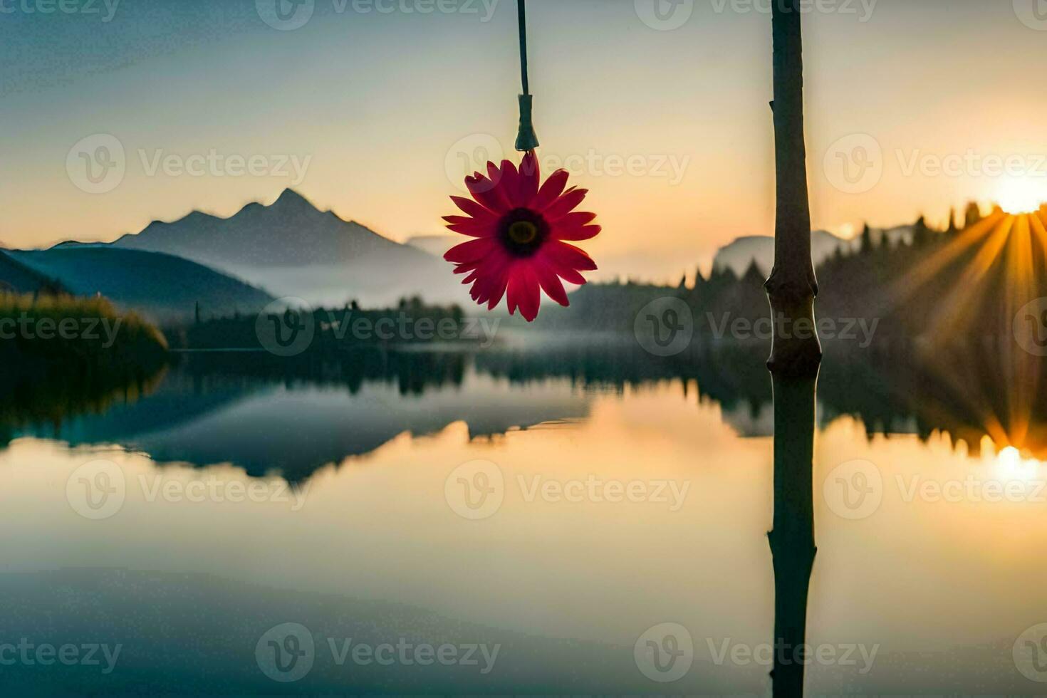 a flower hanging from a tree in front of a lake. AI-Generated photo