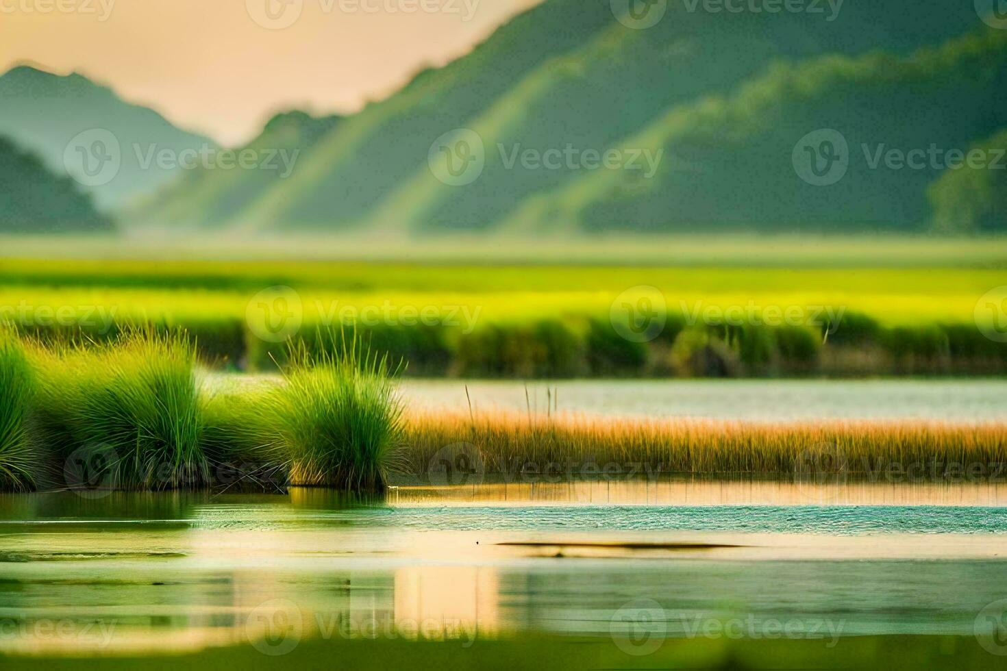 a lake with grass and trees in the foreground. AI-Generated photo