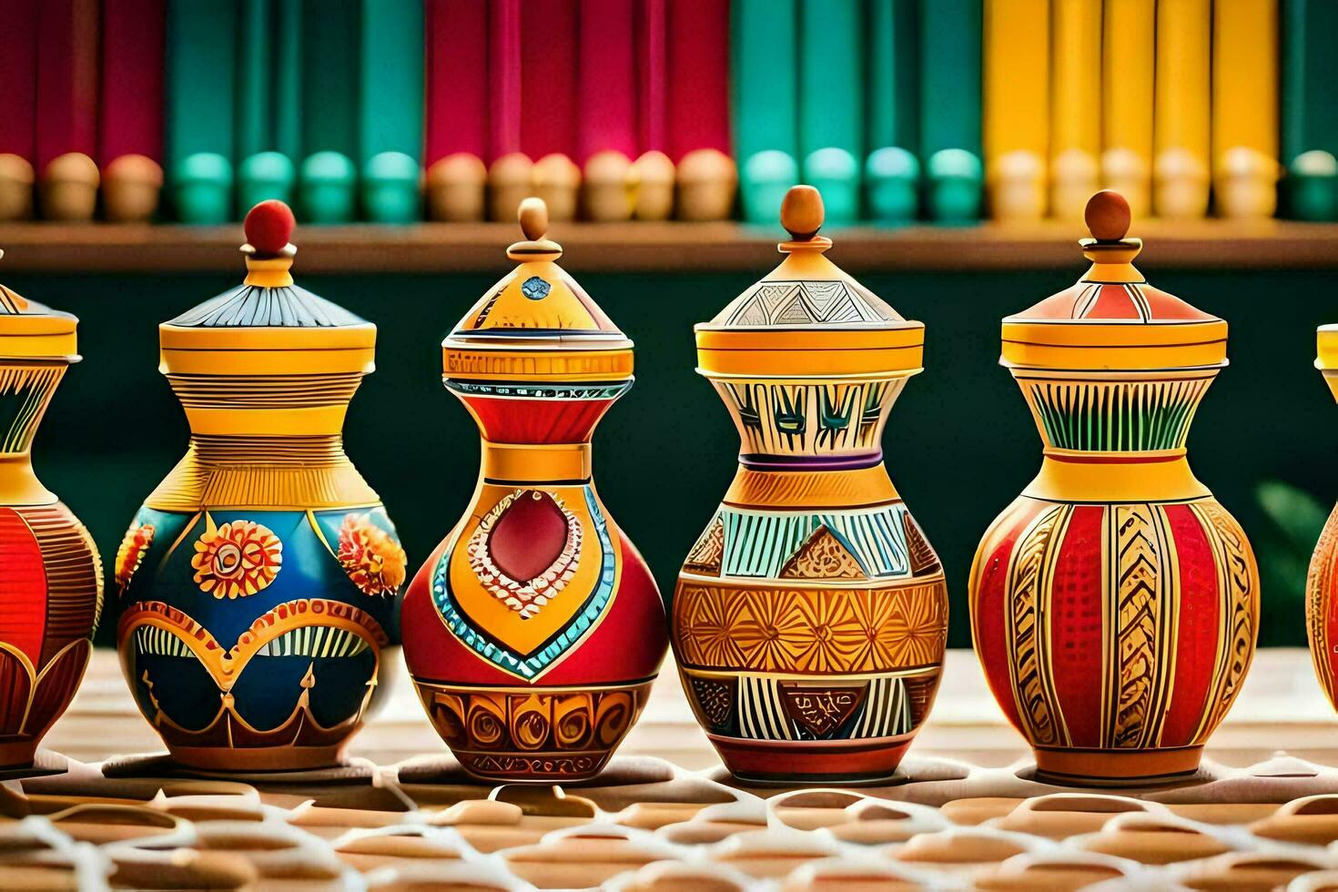 colorful vases are lined up on a table. AI-Generated photo