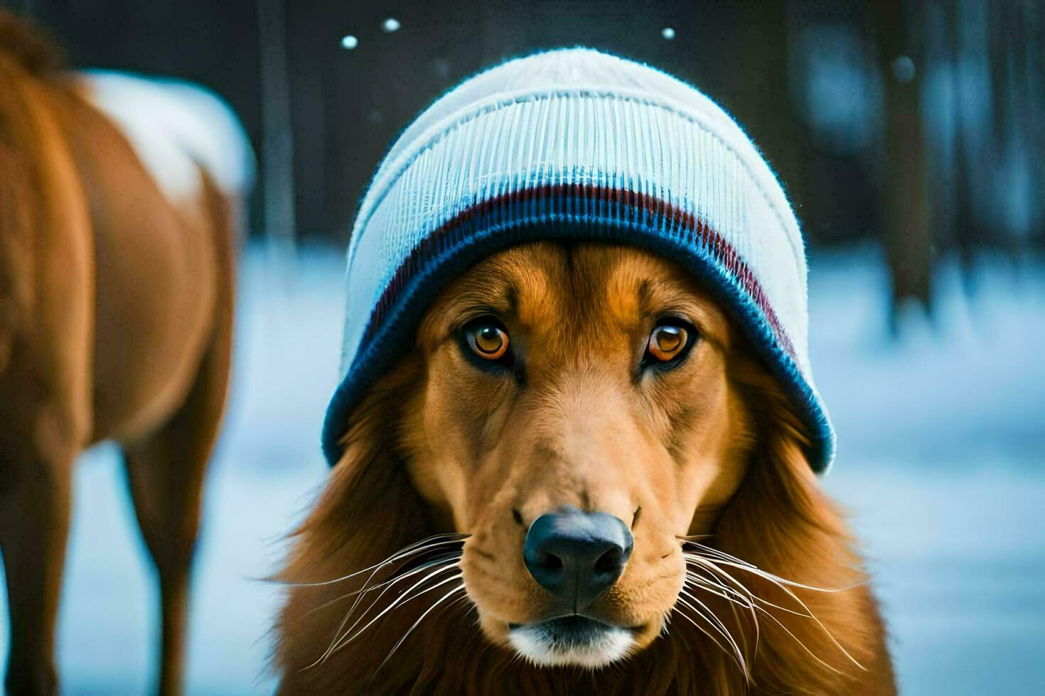 a dog wearing a hat in the snow. AI-Generated photo