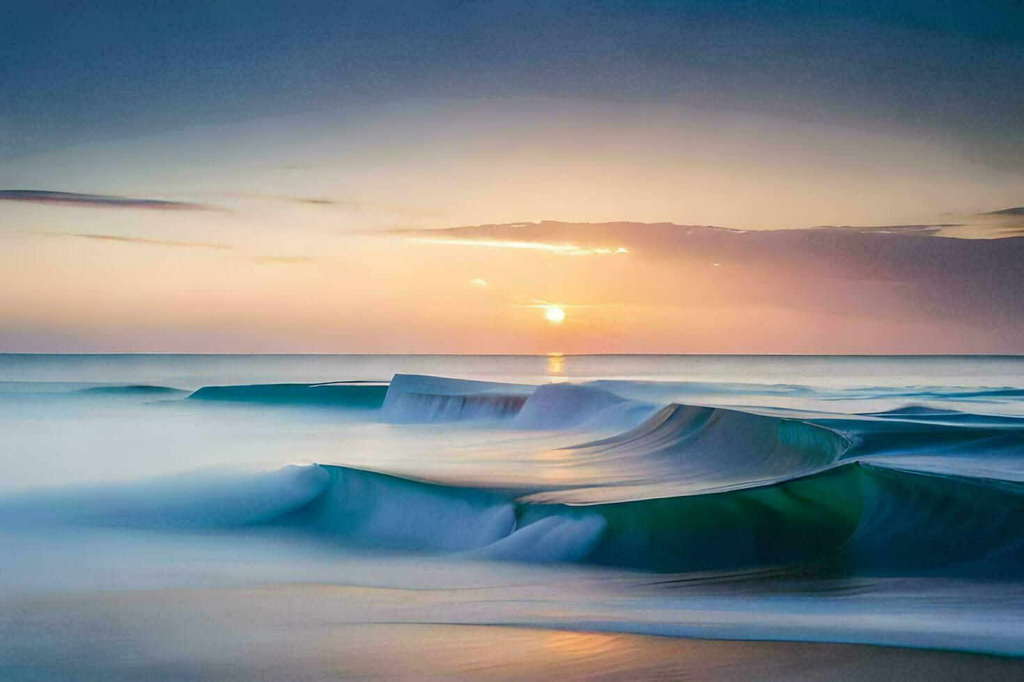 the sun sets over the ocean in this long exposure photograph. AI-Generated photo