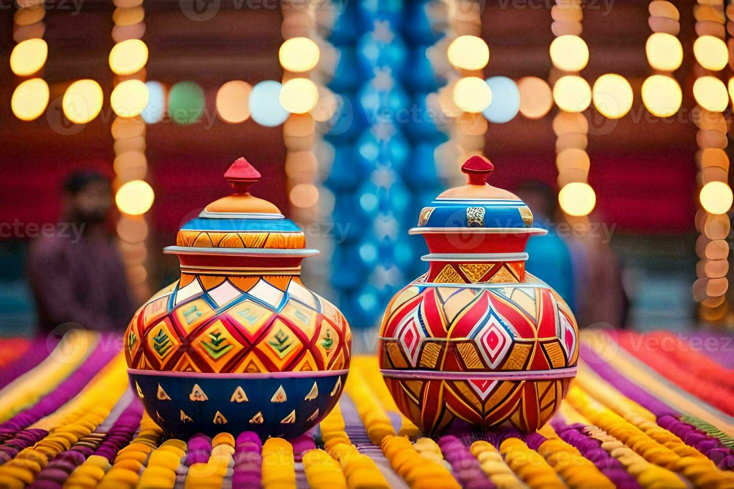 two colorful vases on a table with lights. AI-Generated photo