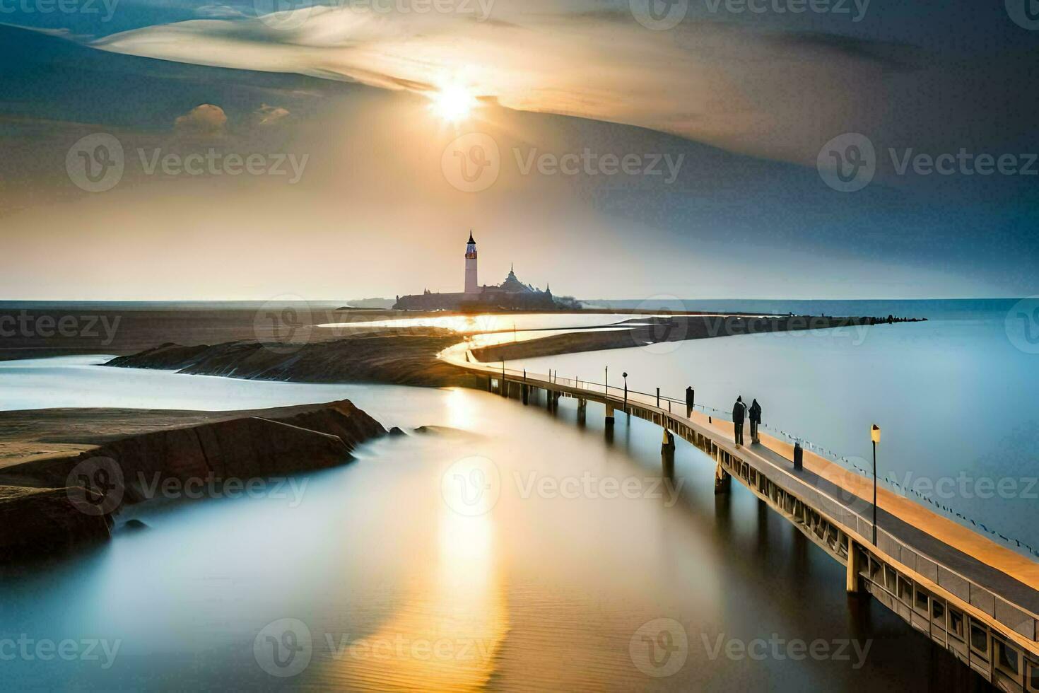 a long bridge over the ocean with a lighthouse in the background. AI-Generated photo