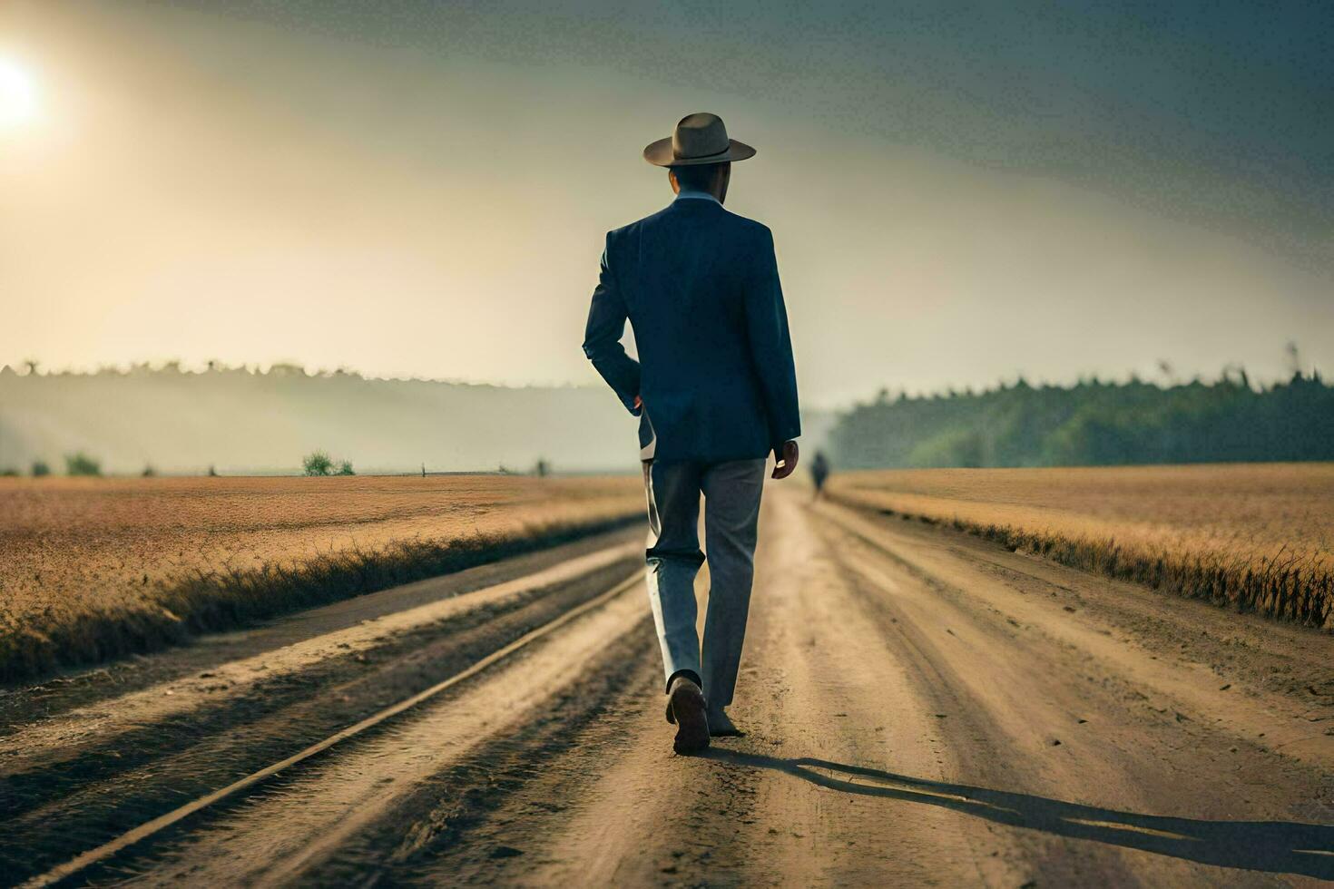 a man in a suit and hat walks down a dirt road. AI-Generated photo