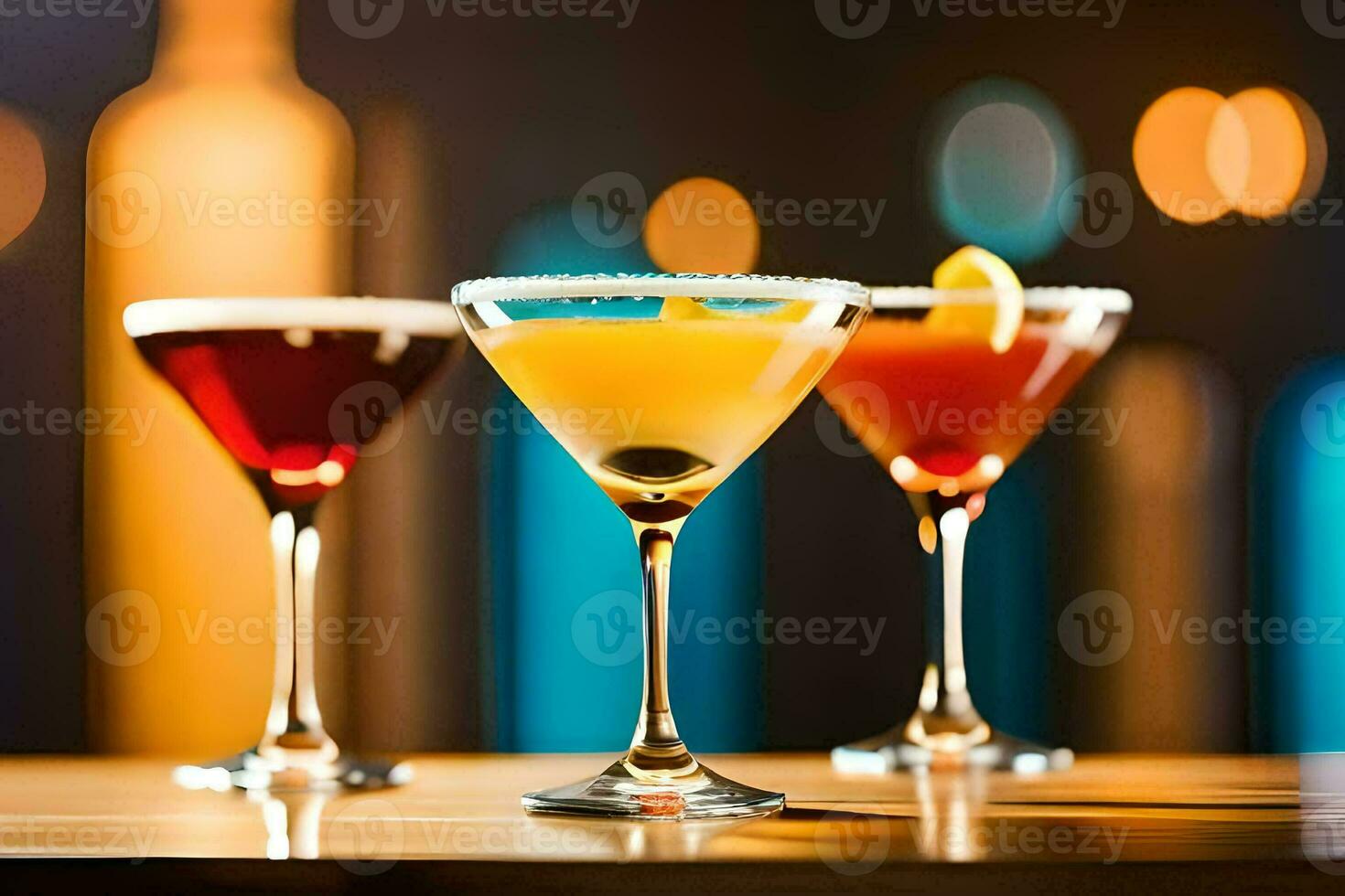 three different cocktails are lined up on a table. AI-Generated photo