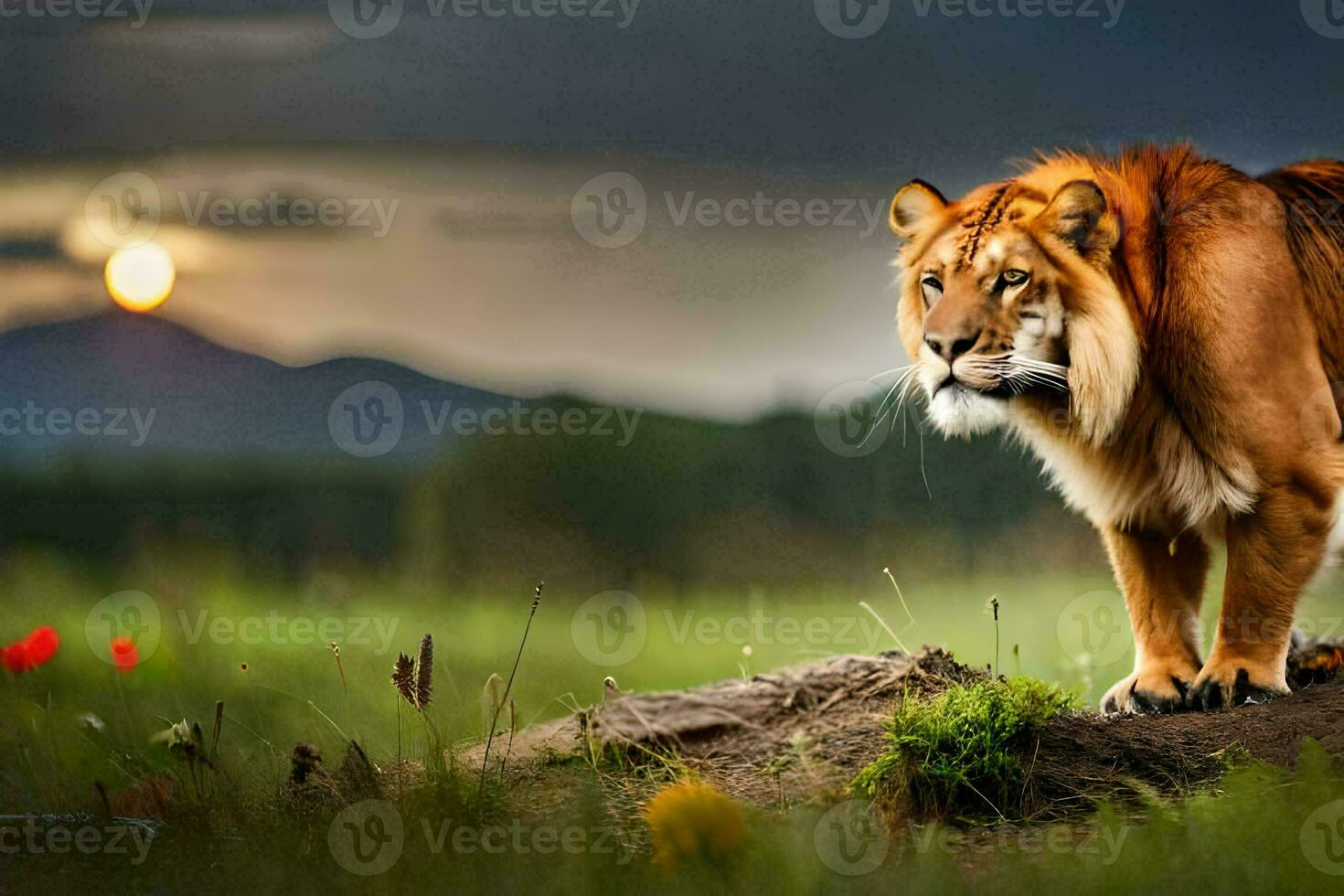 a lion stands on a rock in the middle of a field. AI-Generated photo