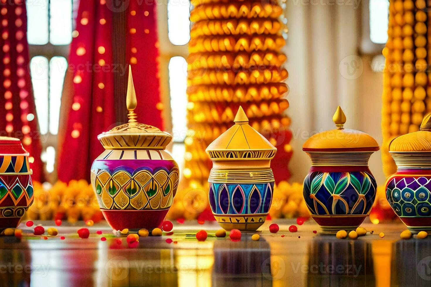 a row of colorful vases with gold and orange decorations. AI-Generated photo