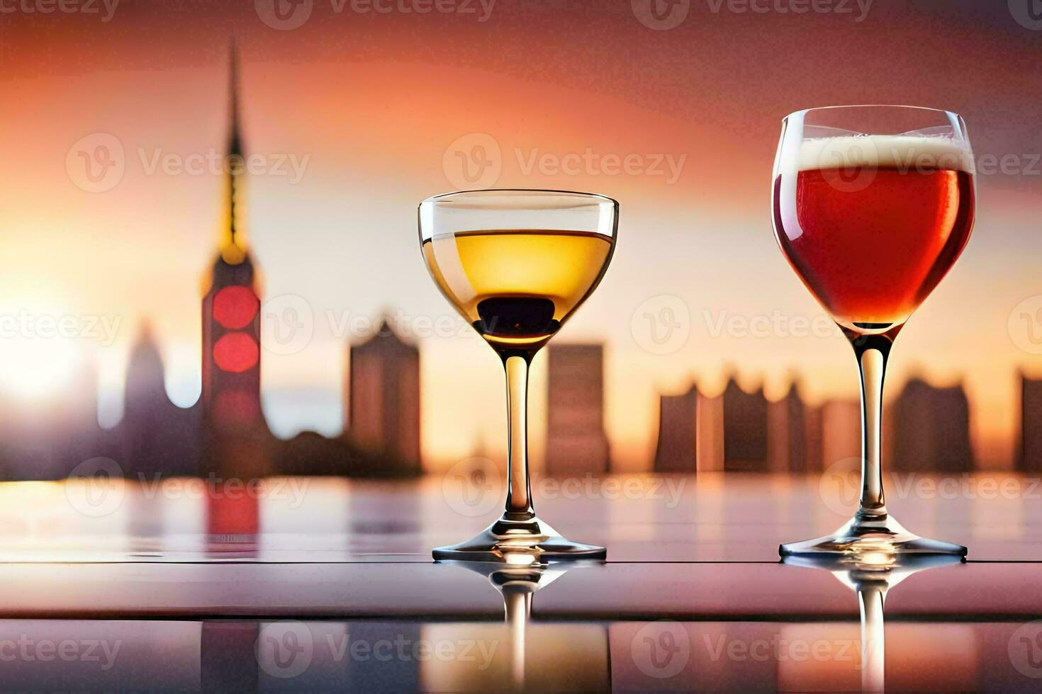 two glasses of wine and a city skyline in the background. AI-Generated photo
