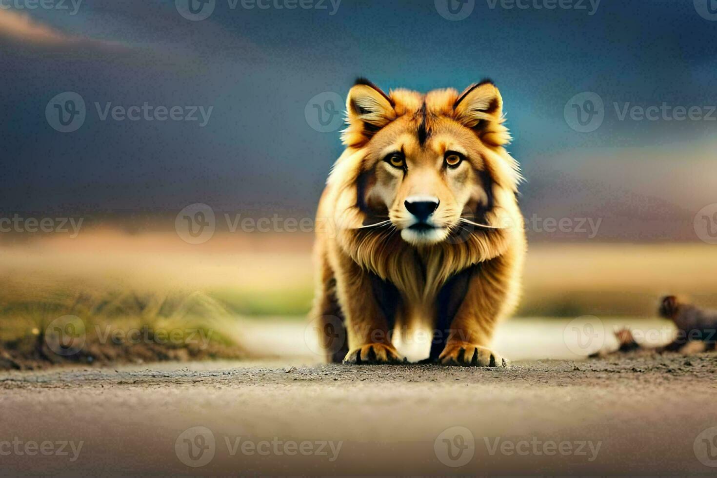 a lion walking on a road with a small animal. AI-Generated photo