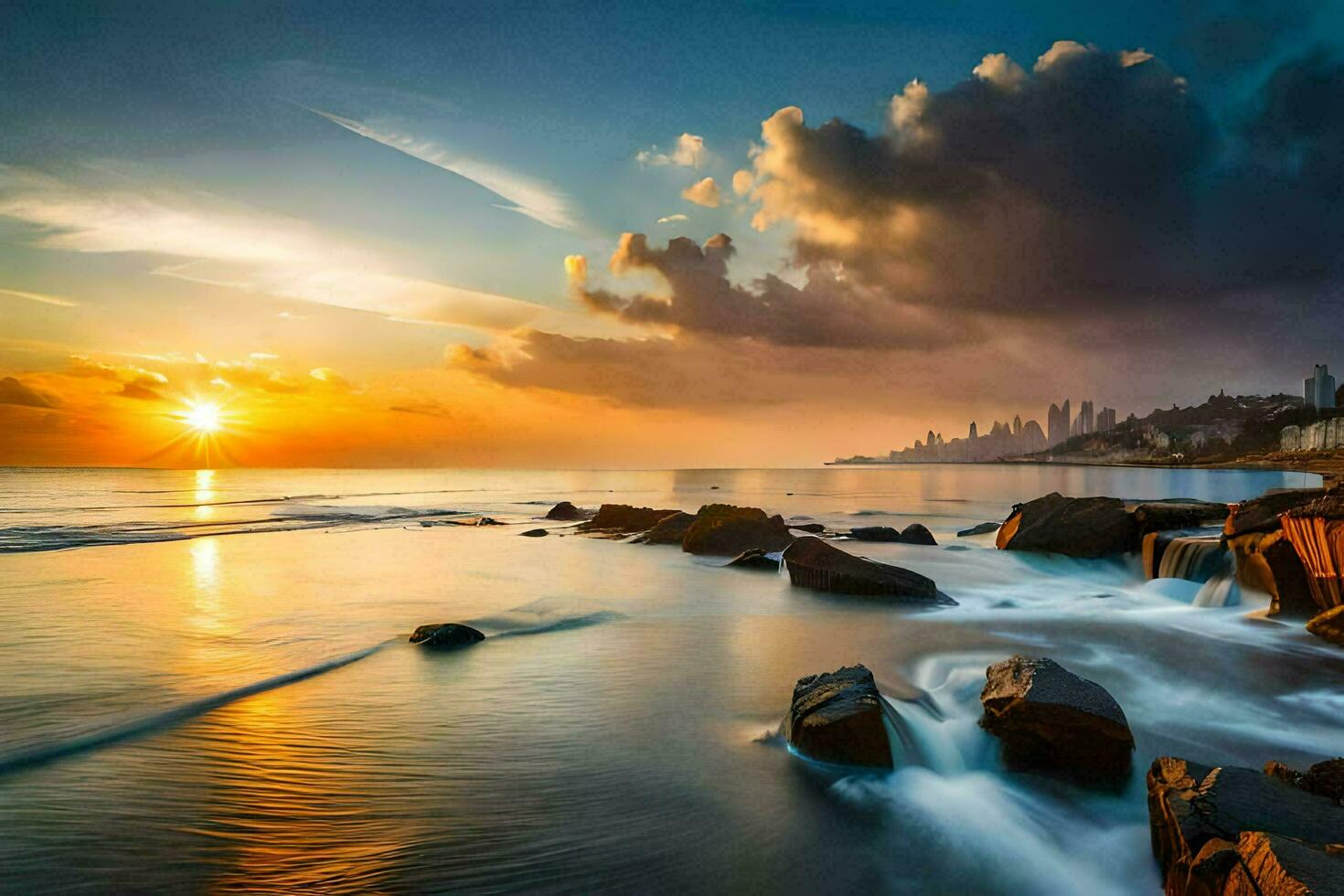 the sun sets over the ocean and rocks. AI-Generated photo