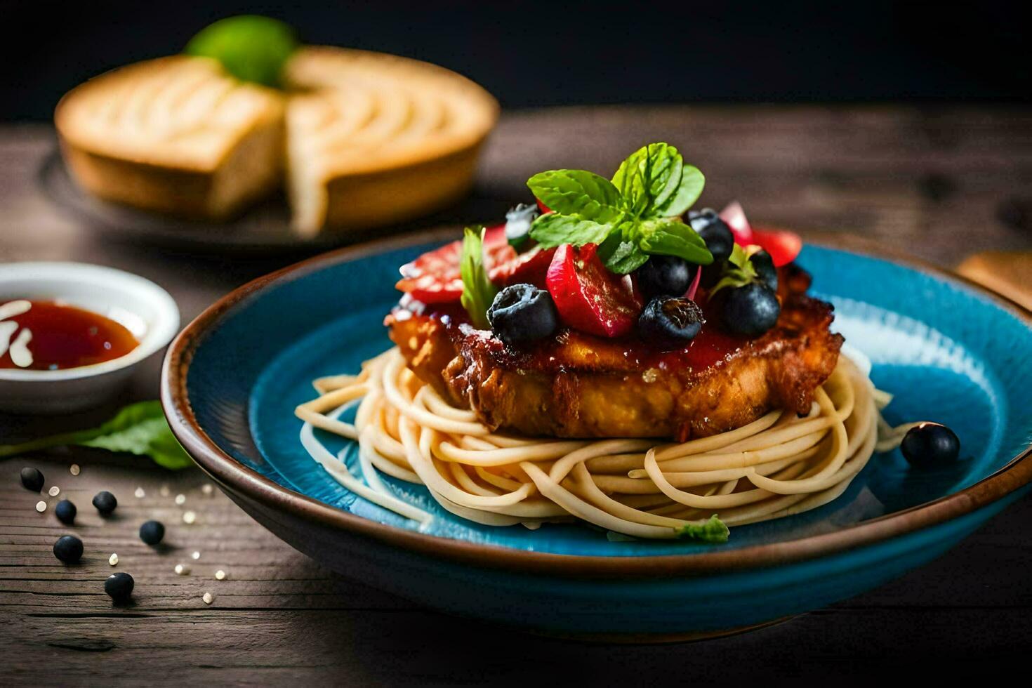 the food is served on a plate with a fork and a knife. AI-Generated photo