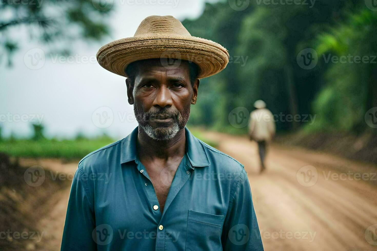 a man wearing a hat stands on a dirt road. AI-Generated photo