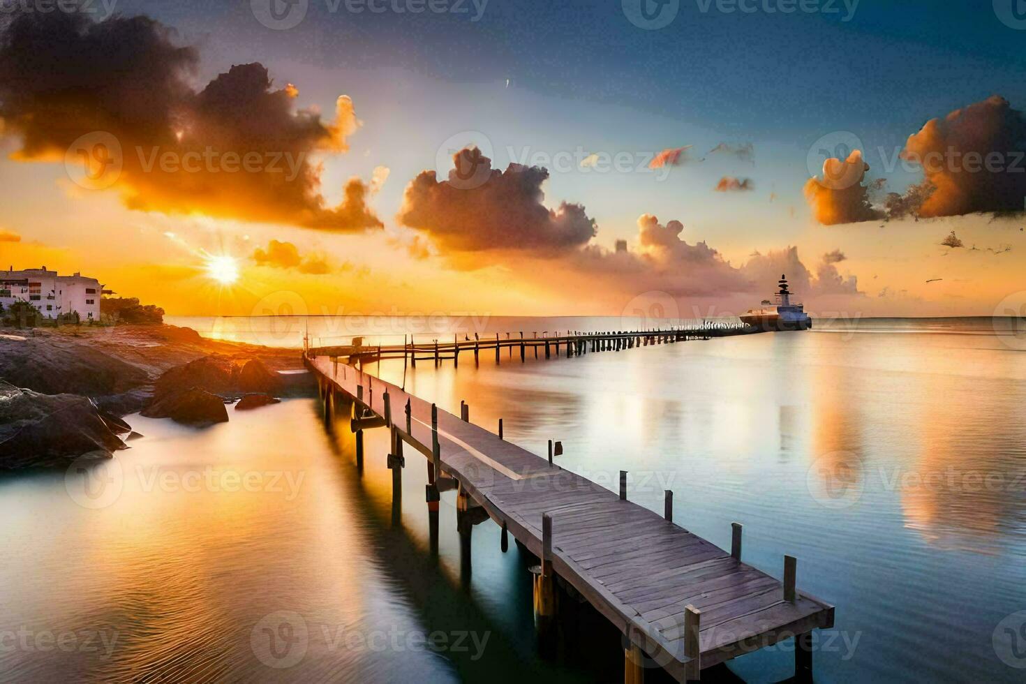 a pier with a dock and a boat at sunset. AI-Generated photo