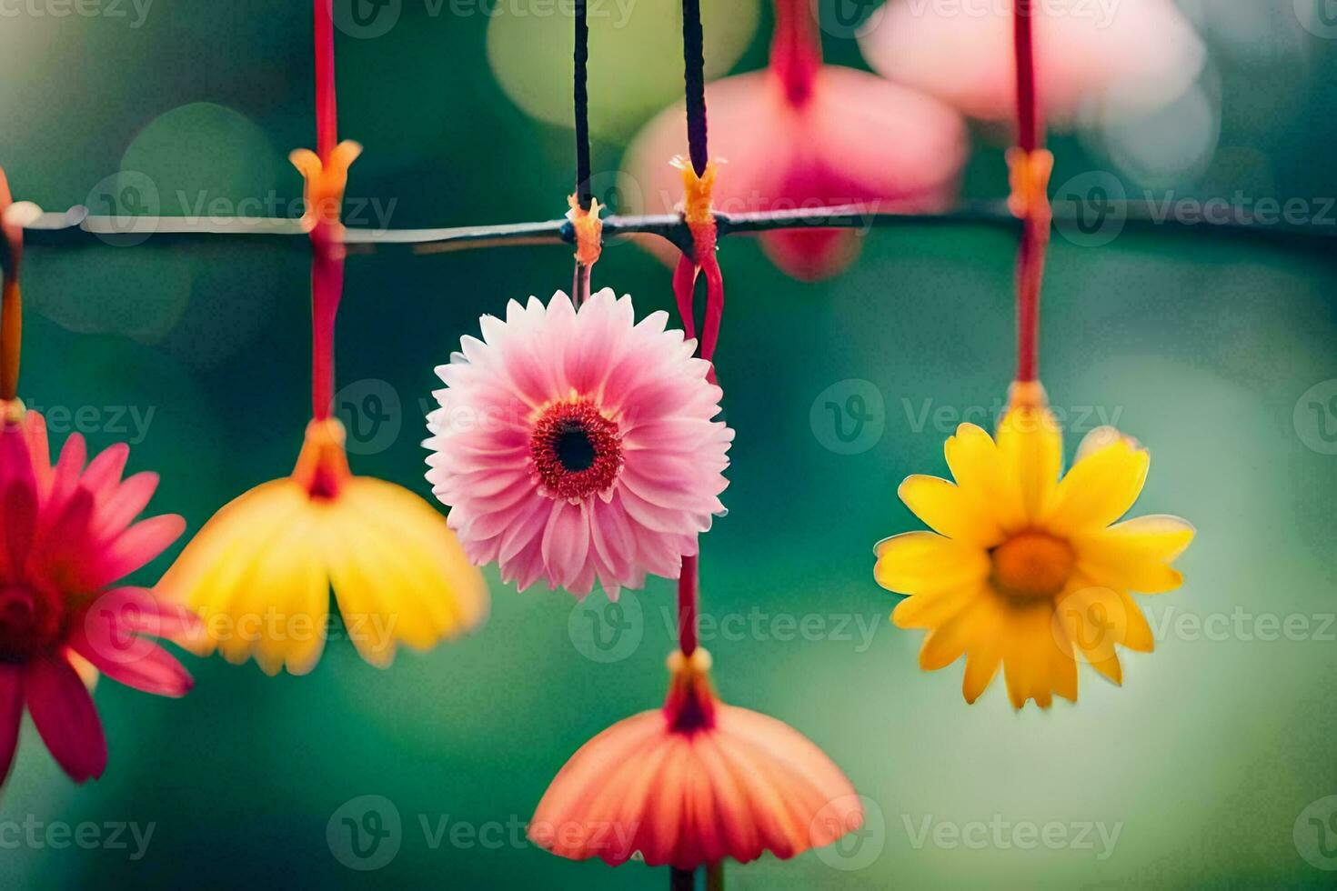 colorful flowers hanging from a wire. AI-Generated photo
