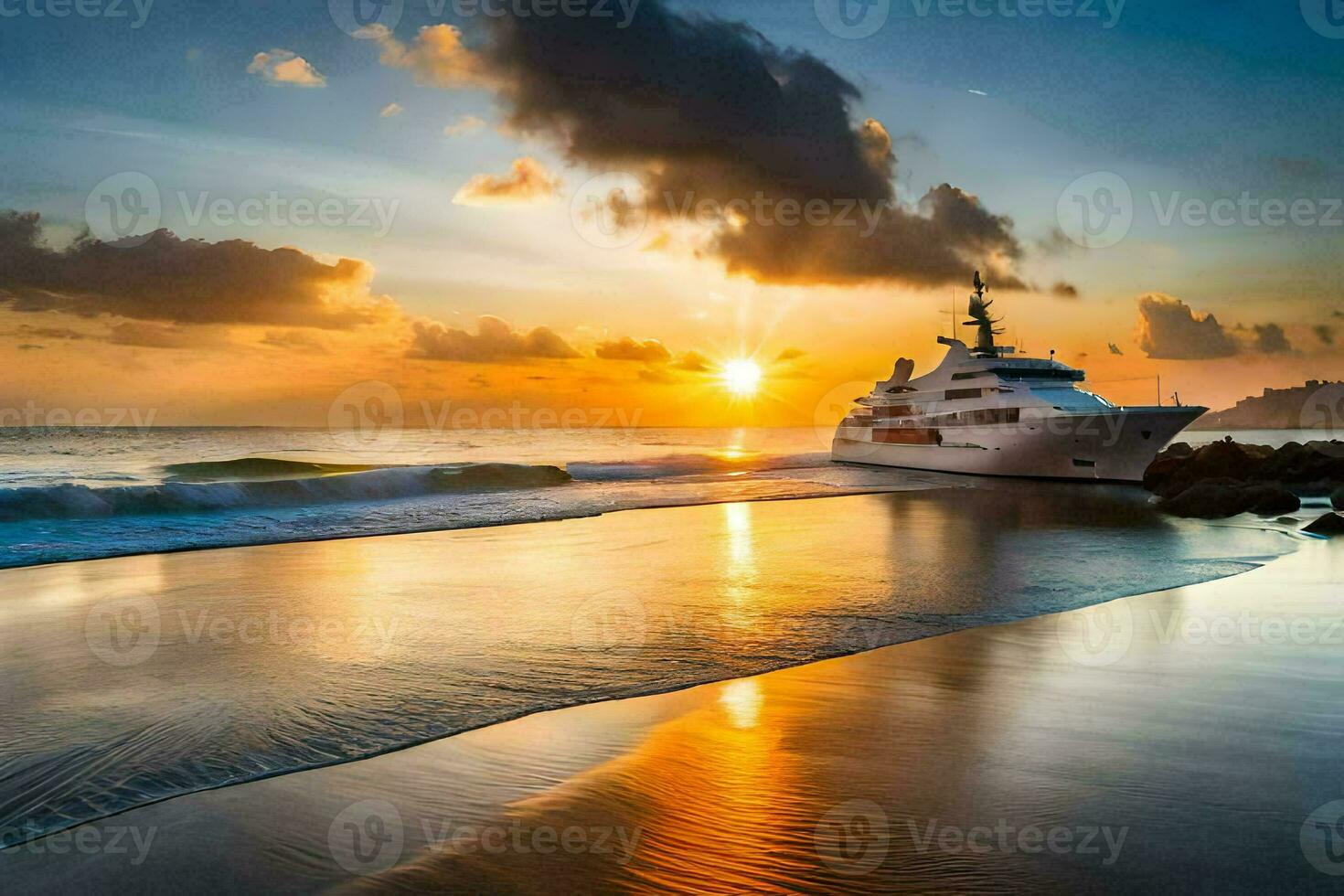a yacht is docked on the beach at sunset. AI-Generated photo