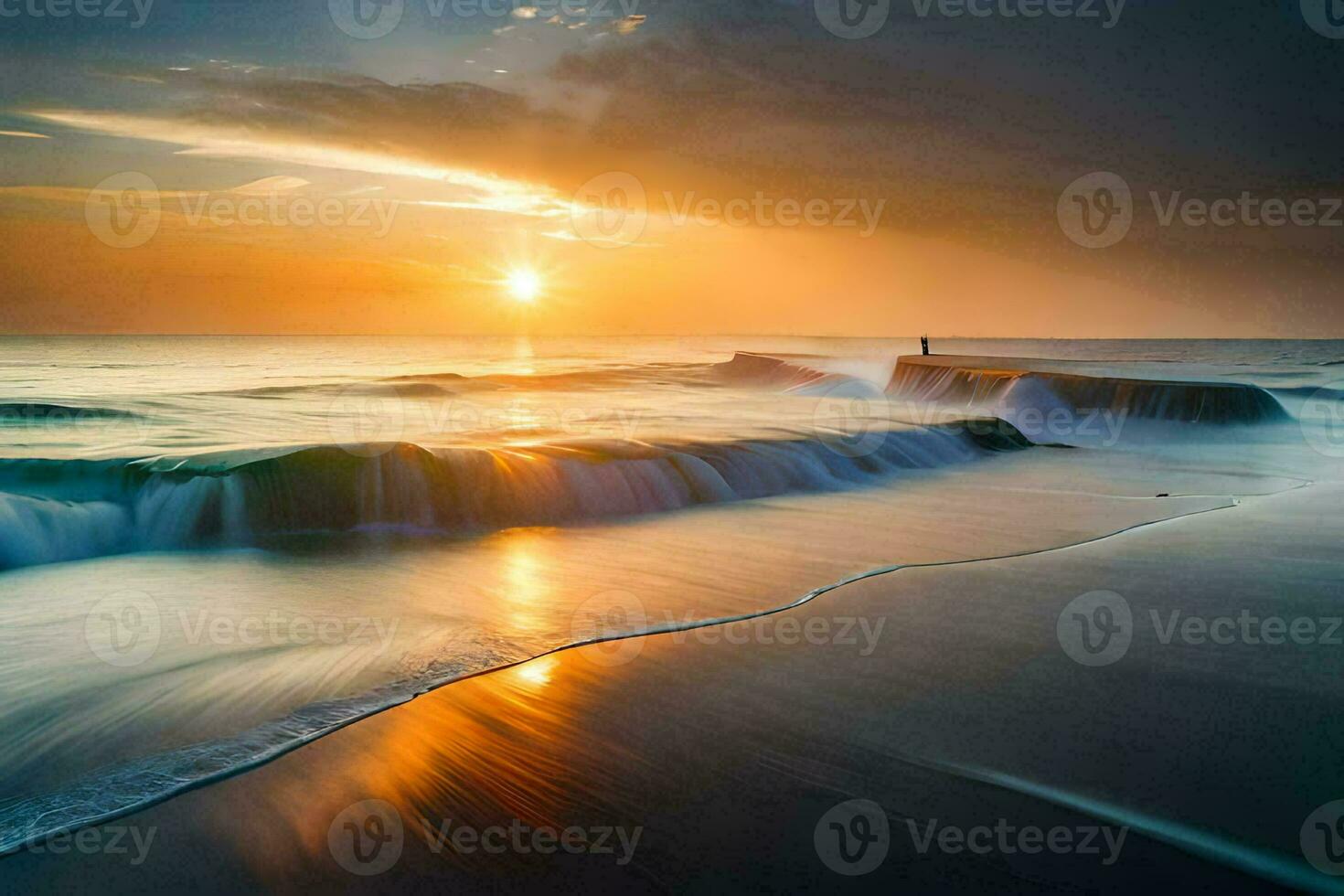 un puesta de sol terminado el Oceano con olas estrellarse dentro el costa. generado por ai foto