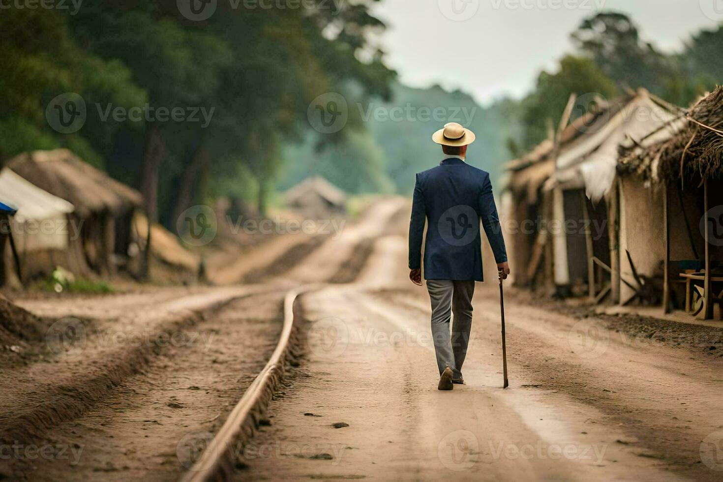 a man in a suit walks down a dirt road. AI-Generated photo