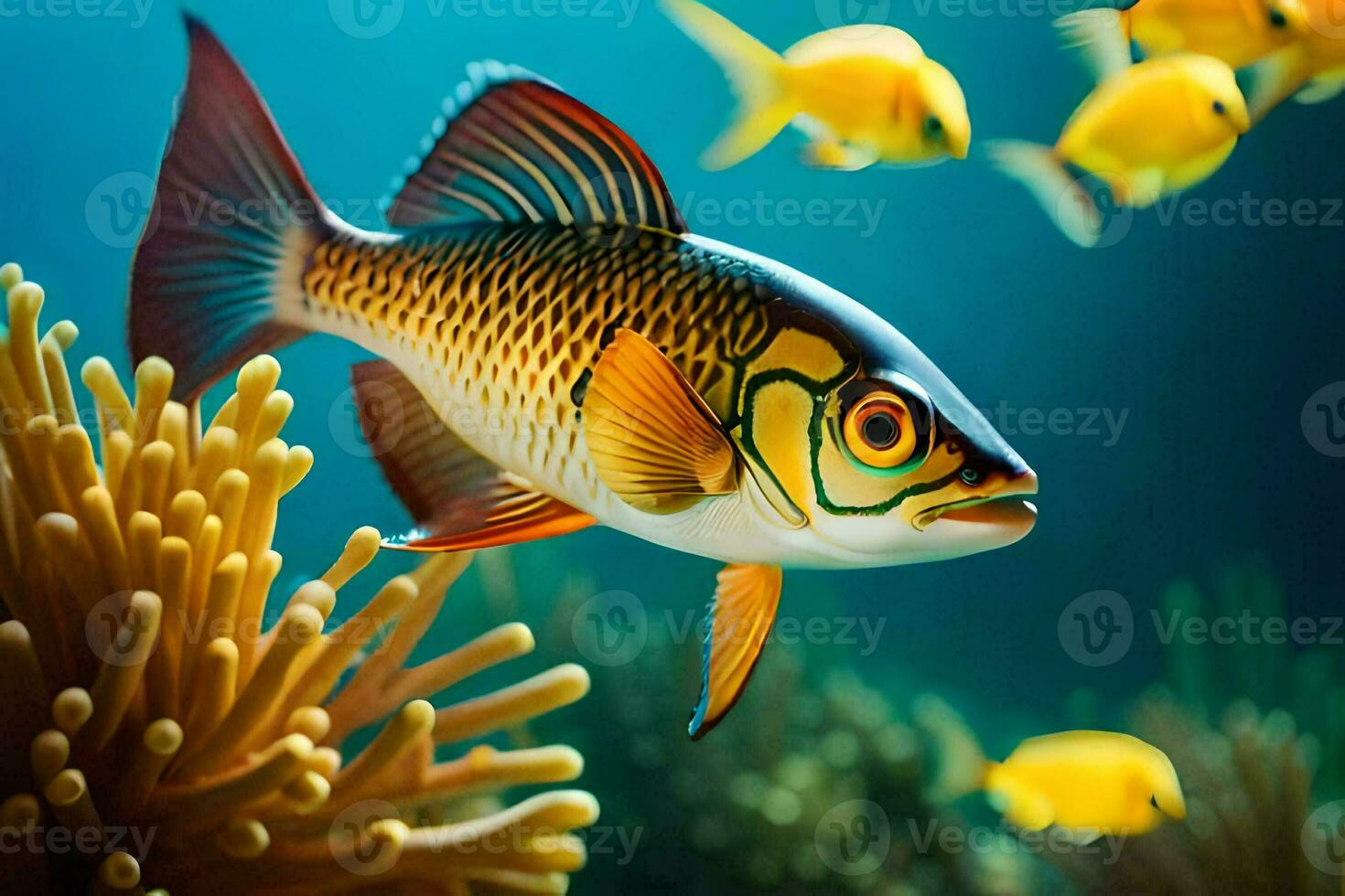 a fish swimming in the ocean with an anemone. AI-Generated photo