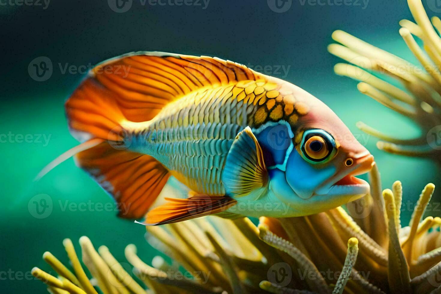 a fish with bright orange eyes and a green background. AI-Generated photo