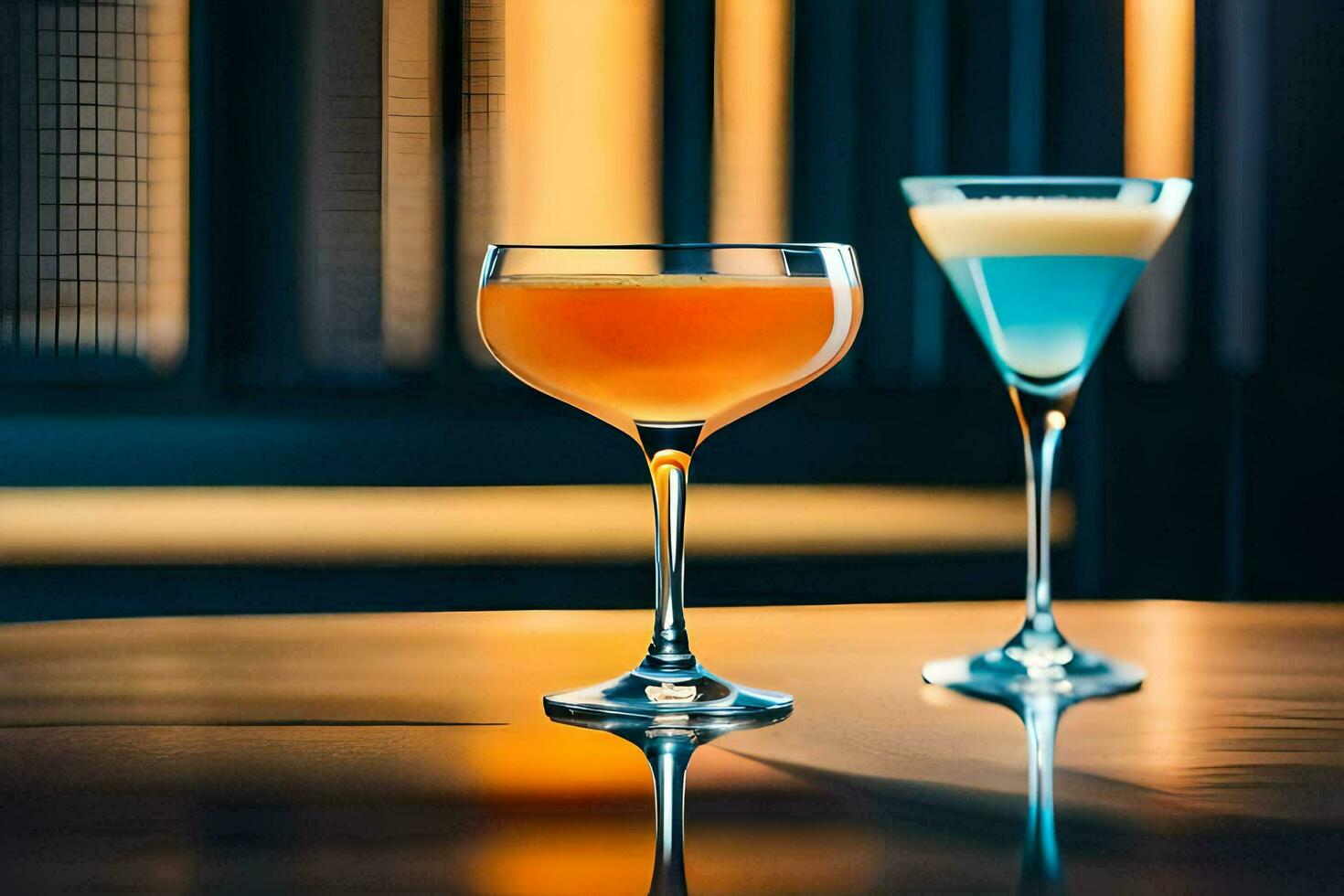 two cocktails sit on a table in front of a window. AI-Generated photo