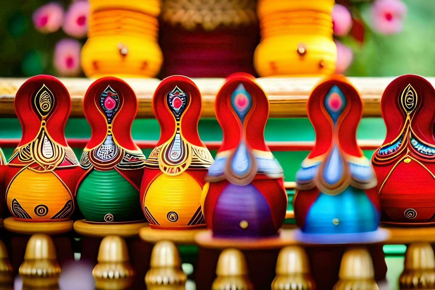 colorful wooden dolls are displayed on a table. AI-Generated photo